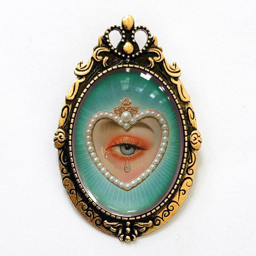 Lovers Eye Tears Heart Painting Brooch Blue Vintage Art: Antiqued Silver