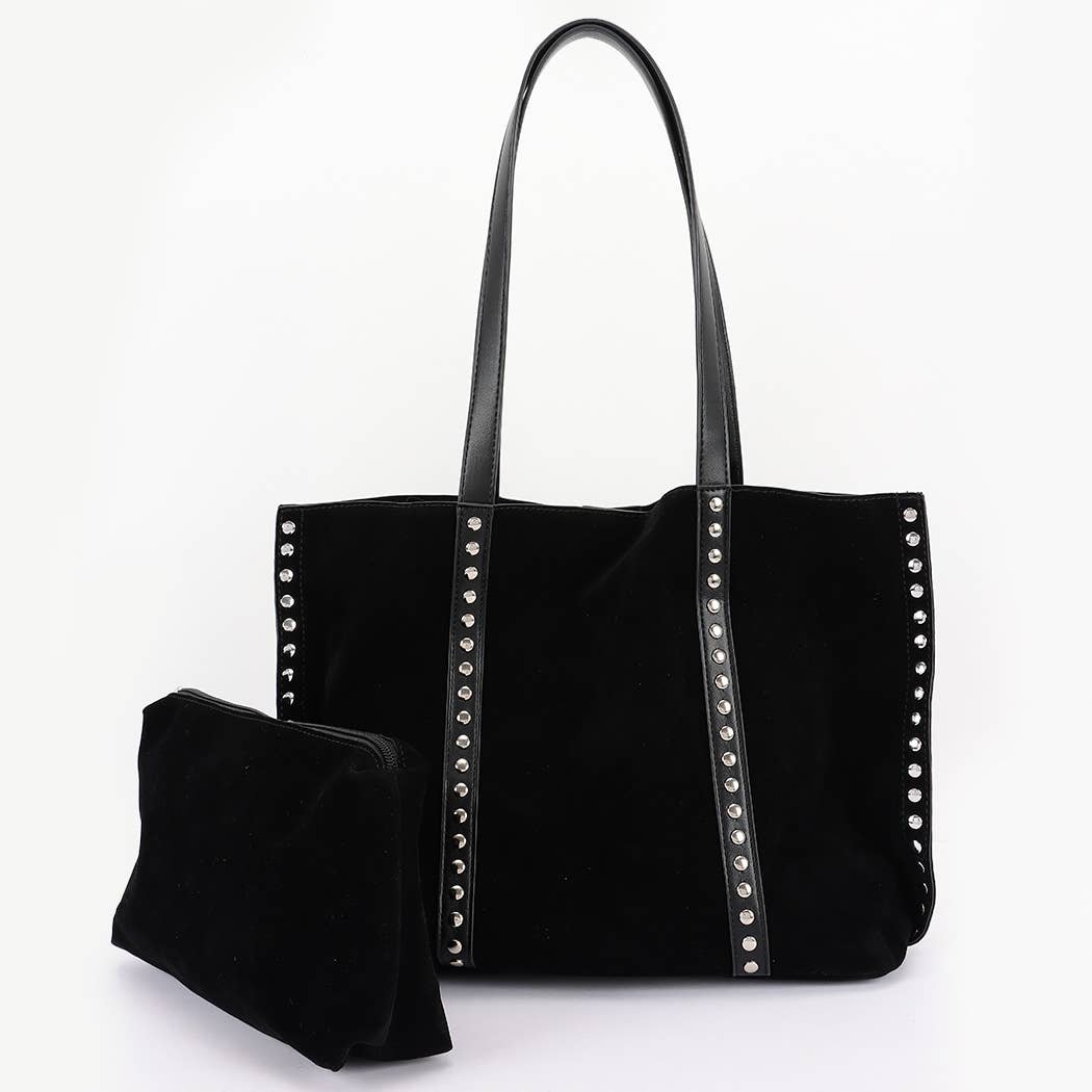 Faux Suede Burg Studded Tote Bag: BUR