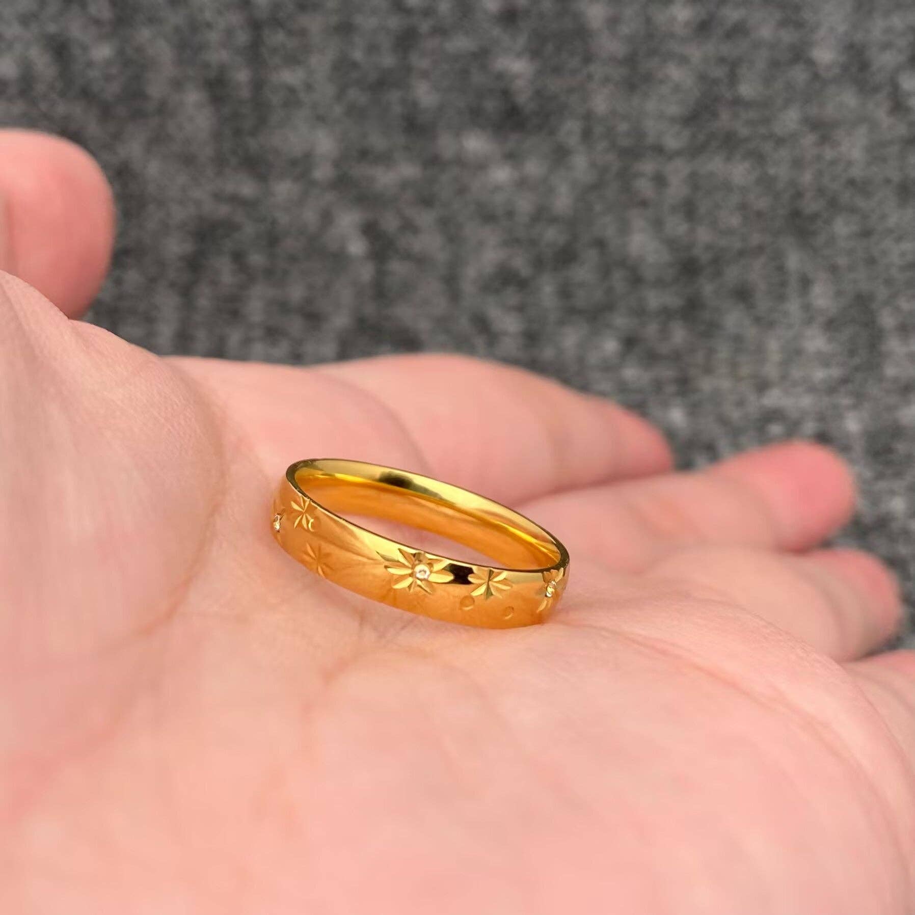 Inlaid CZ Stars 18K Gold Plated Stainless Steel Ring -FGS/MS: 6