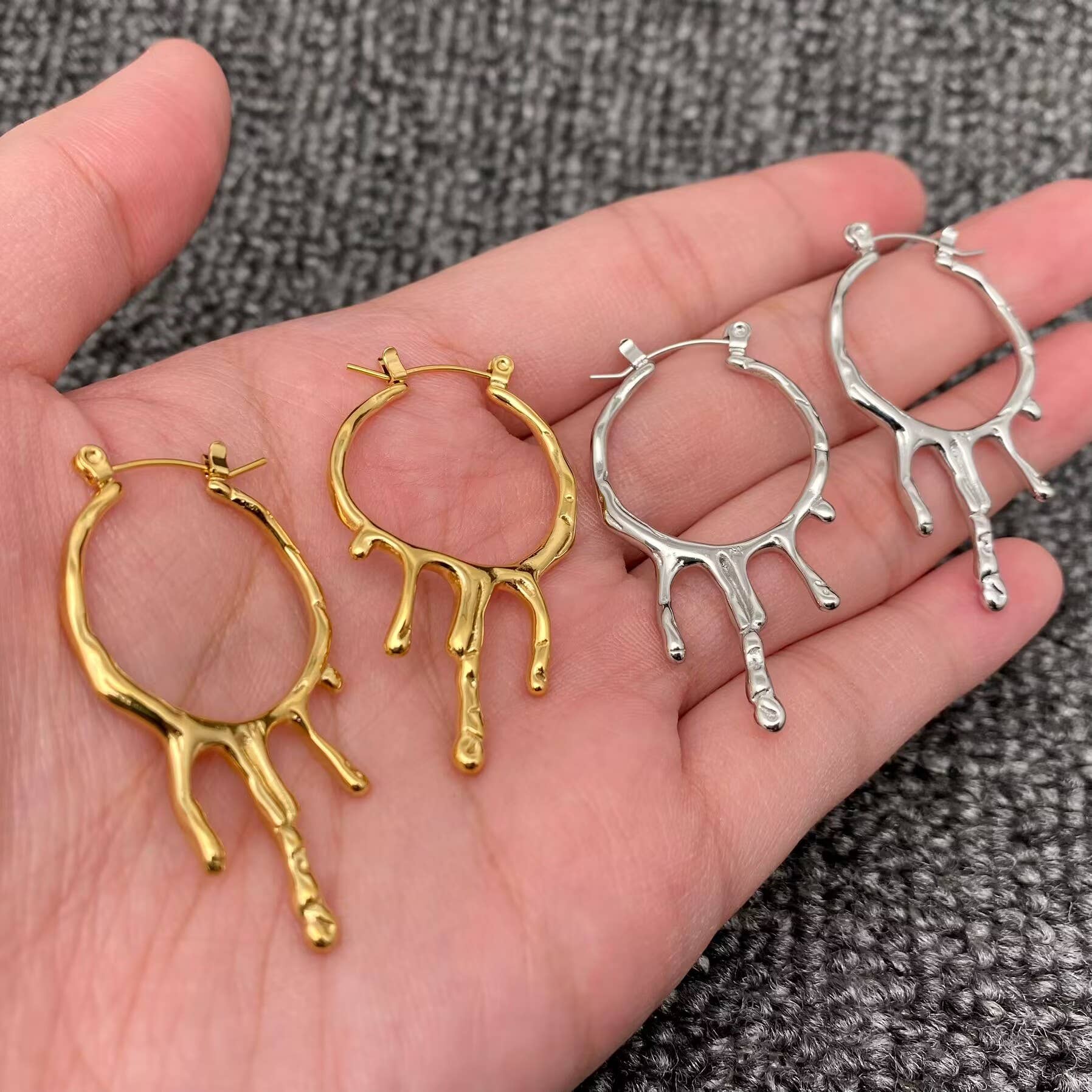 18K Gold Plated Stainless Steel Lava Drop Hoop Earrings -FGS: Golden