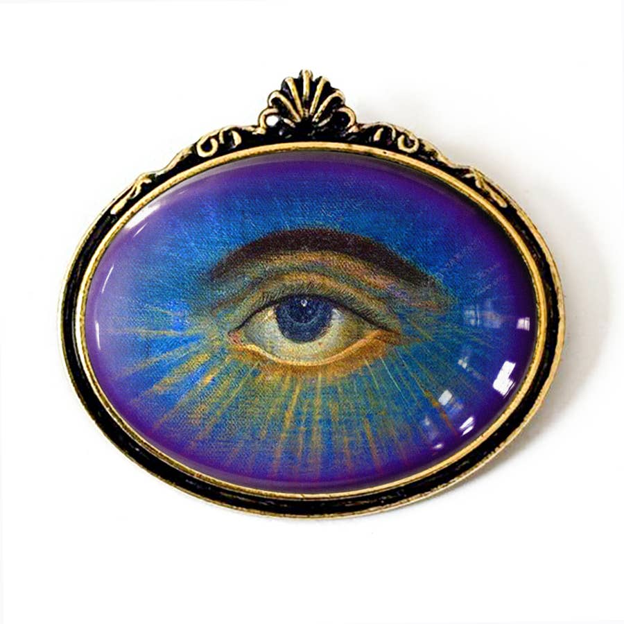Allseeing Eye Painting Brooch Vintage Art Blue: Antiqued Silver
