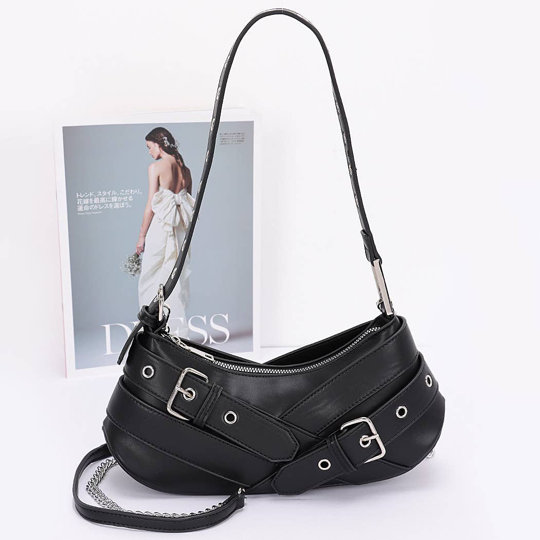 Faux Leather Burg Multi Buckles Shoulder Bag