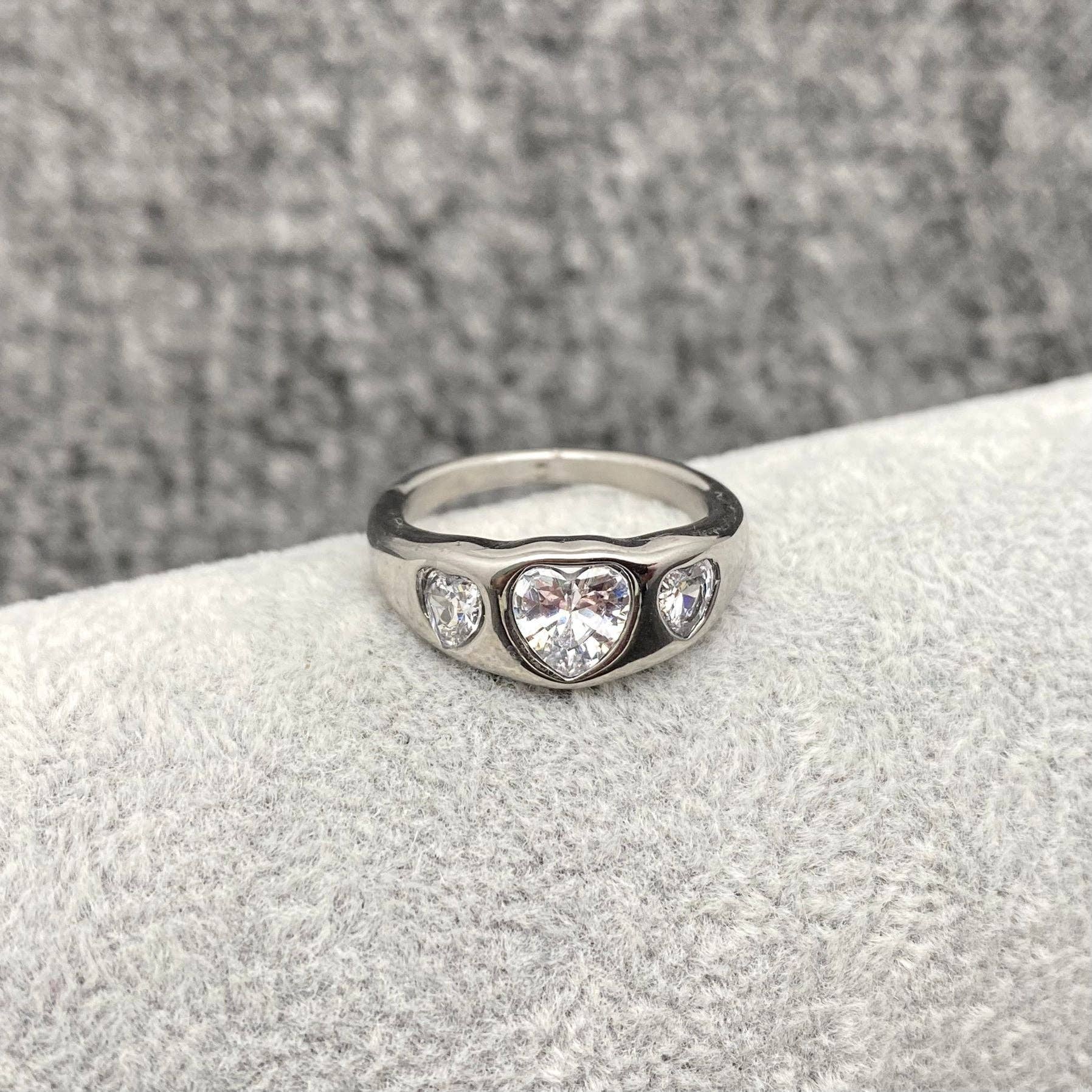 Triple Heart Zircon 18K Gold Plated Stainless Steel Ring-FGS: Golden / 9