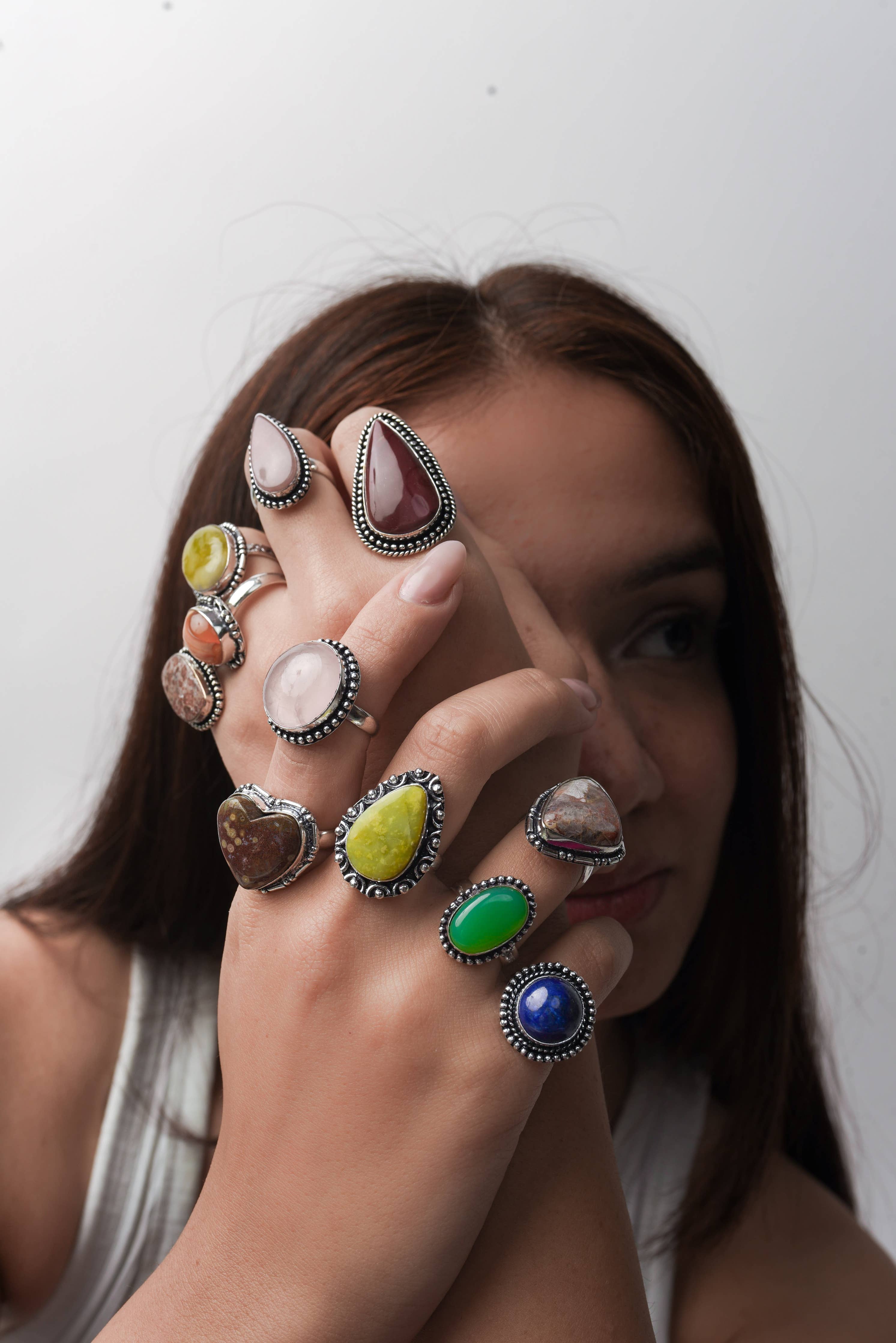 Bohemian Crystal Rings Set - Silver Plated, Mixed Sizes, Assorted Designs: Gold / 10 Rings