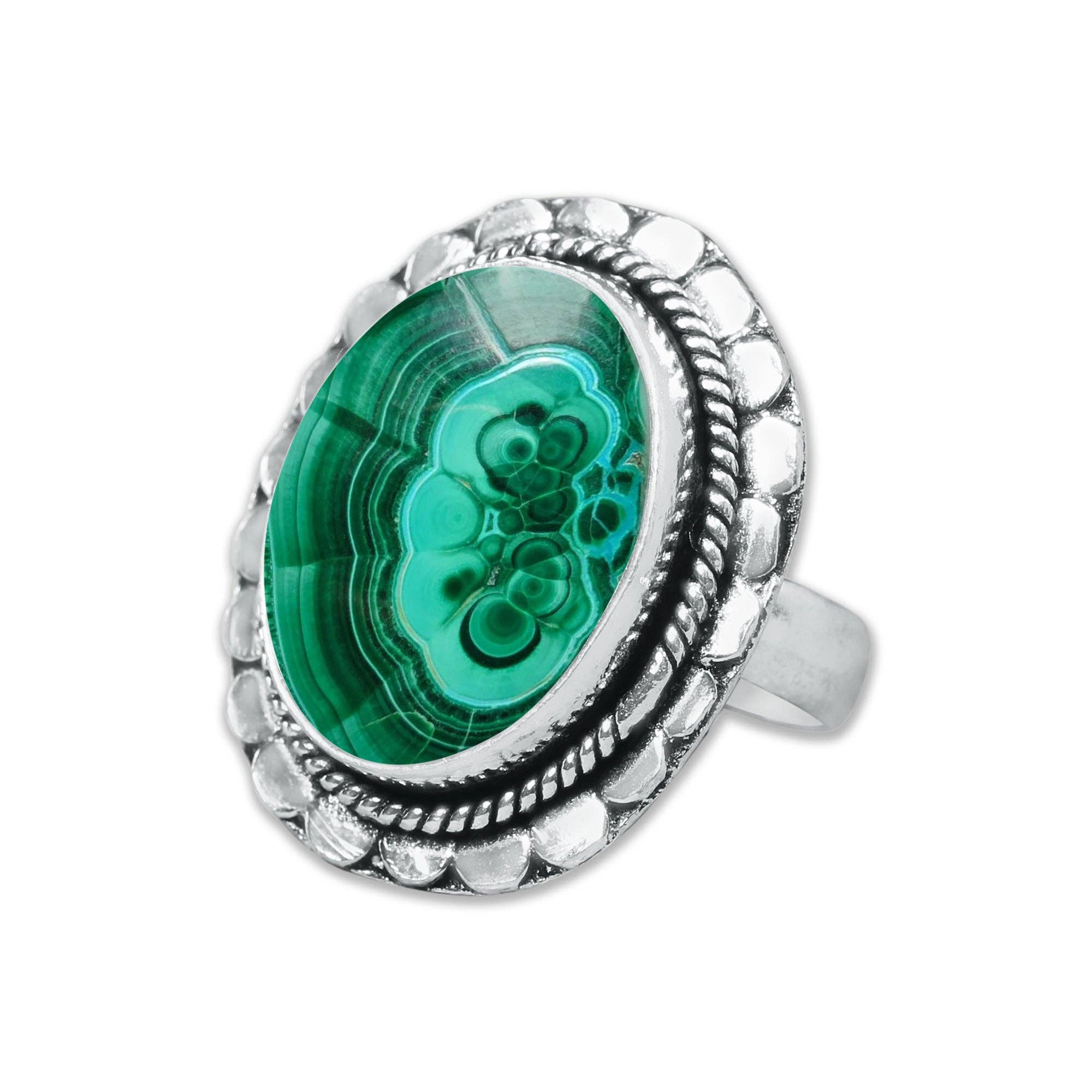 Malachite Rings – Silver-Plated, Handmade, Bold Green (US Sizes 6–10, Non-Adjustable) | Wholesale: 5 Rings