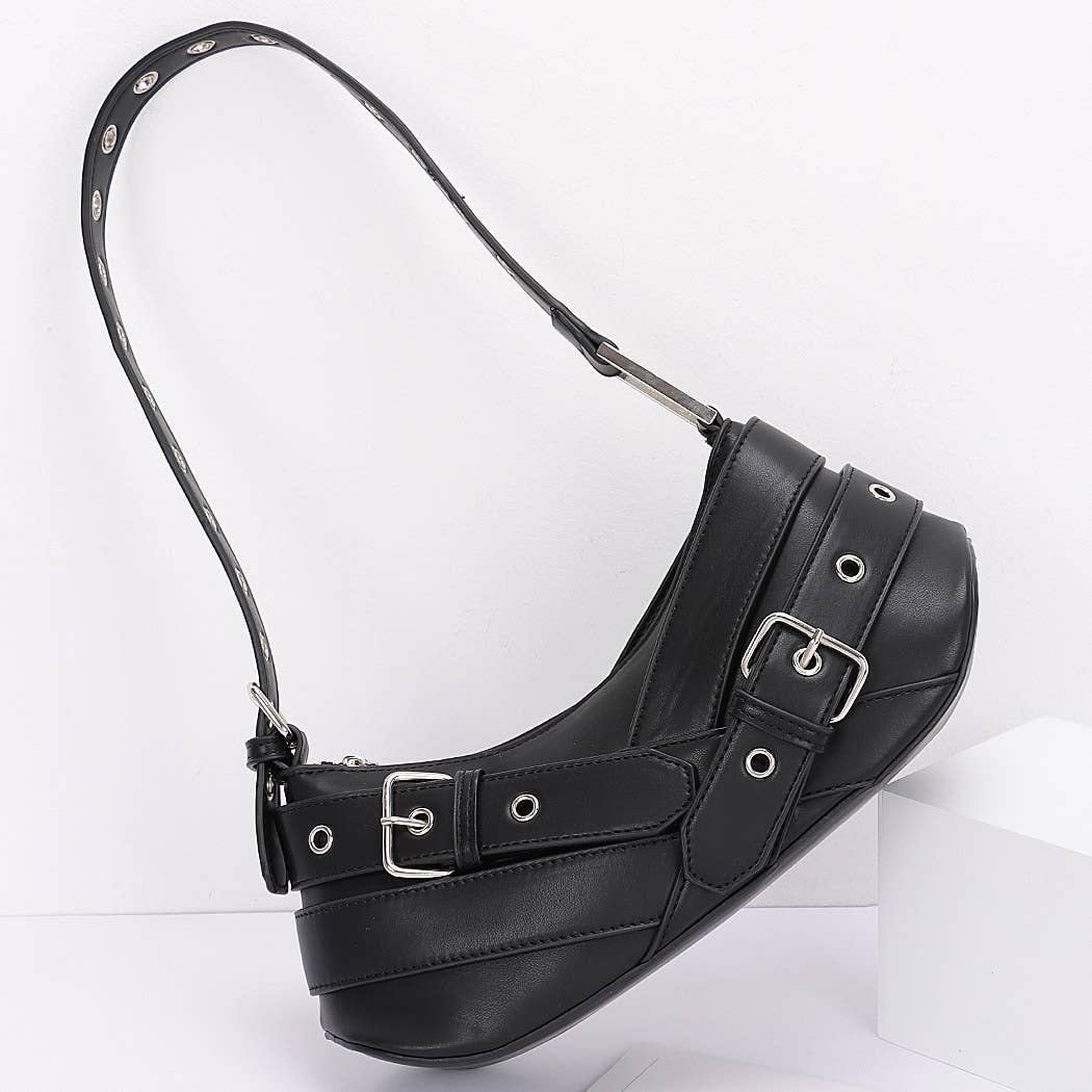 Faux Leather Burg Multi Buckles Shoulder Bag