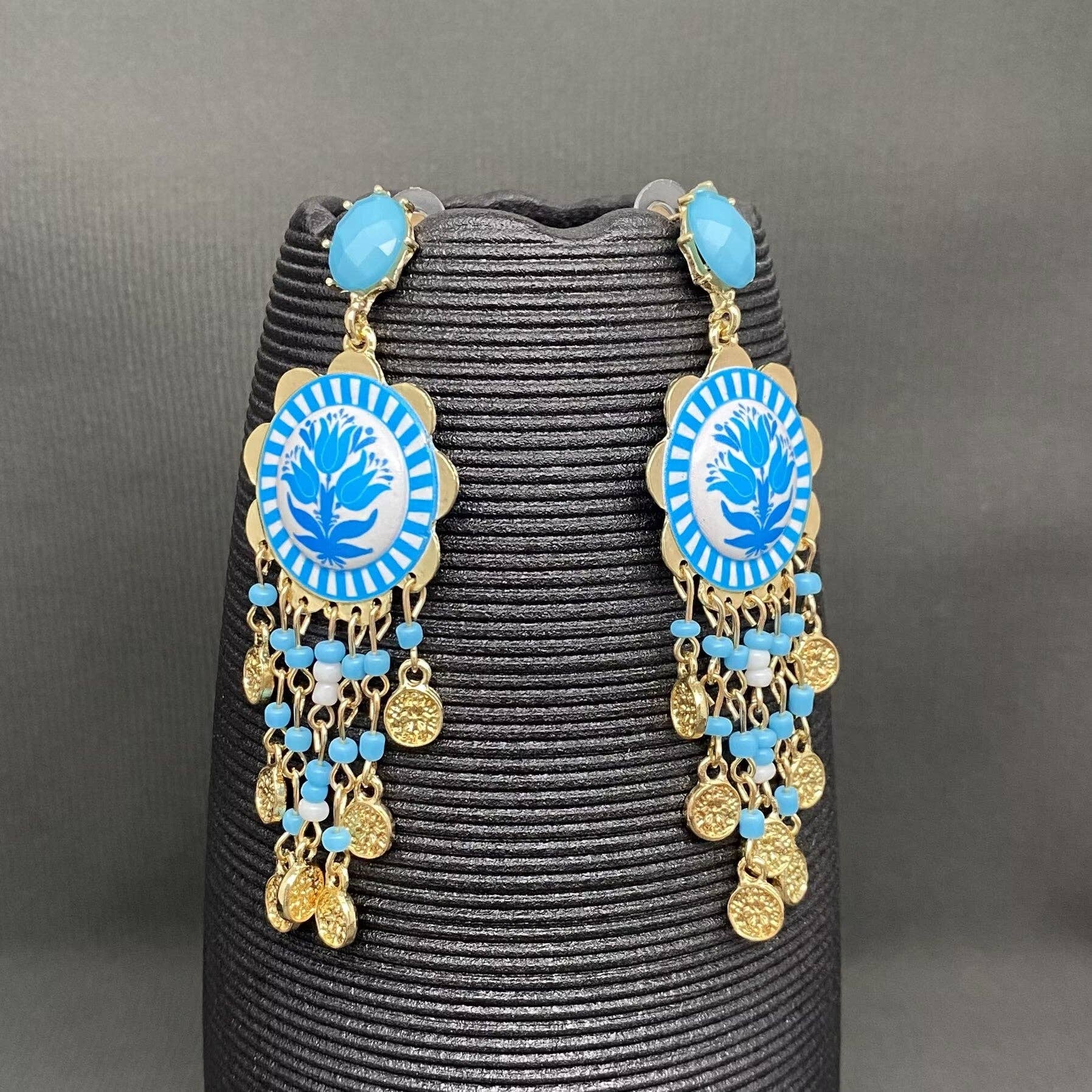 Enamel Tulip Flower Coin Tassel Dangle Earrings: Red