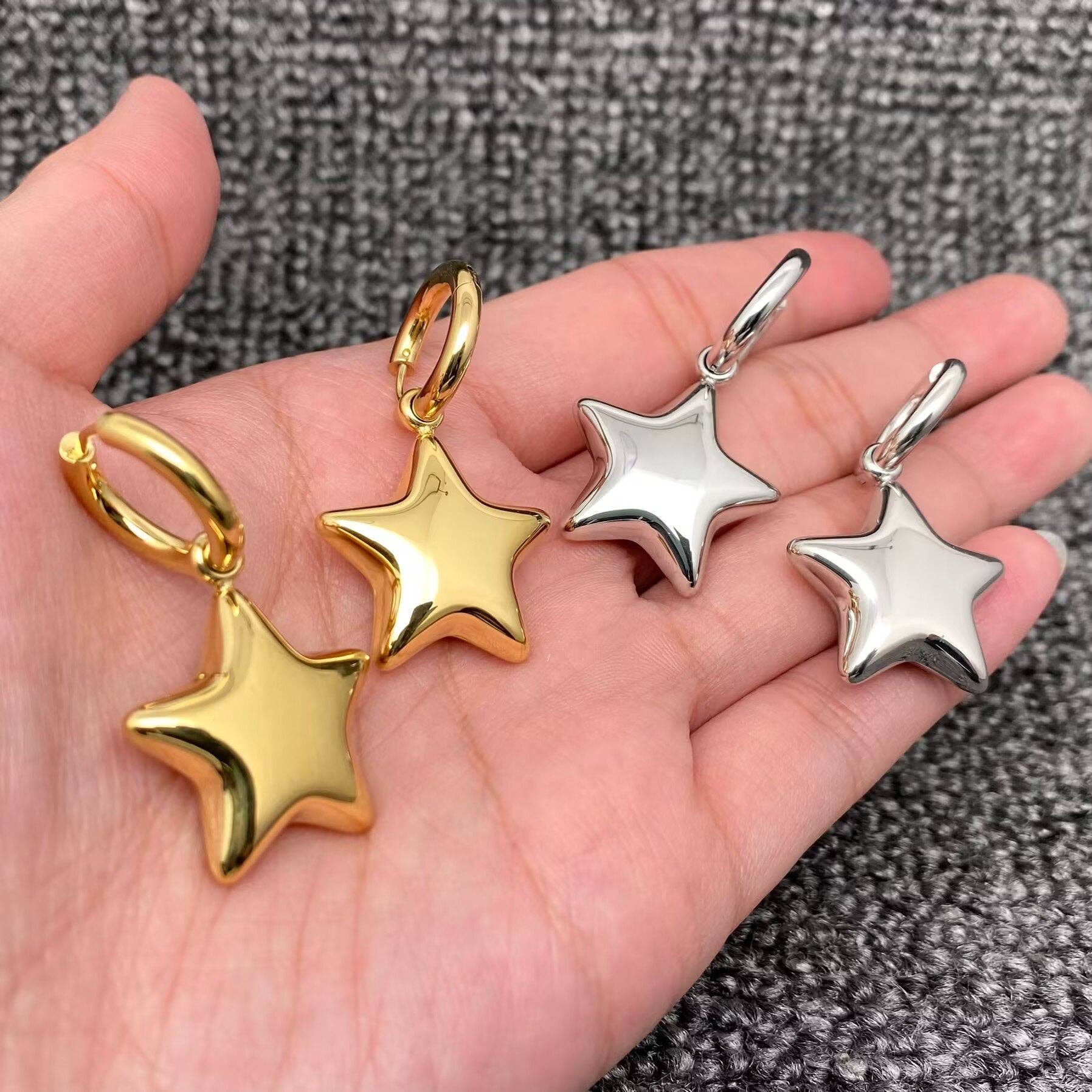 18K Gold Plated SS Glossy Star Charm Huggie Earrings -FGS/MS: Steel color