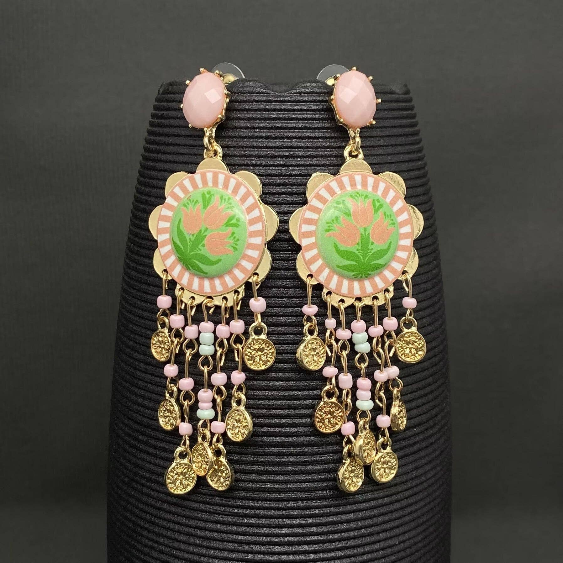 Enamel Tulip Flower Coin Tassel Dangle Earrings: Red