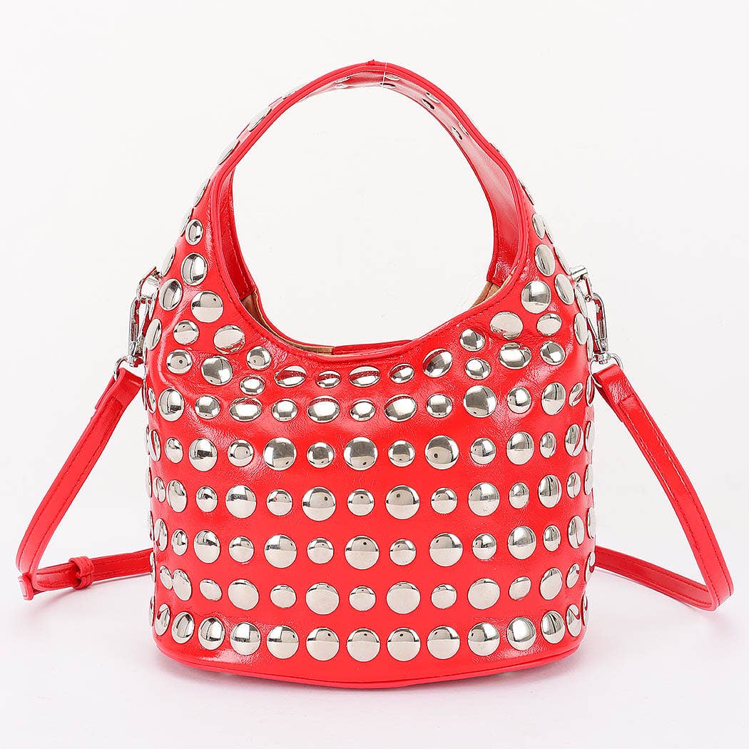 Vegan Leather Metal Studded Hobo Bag: BKSL