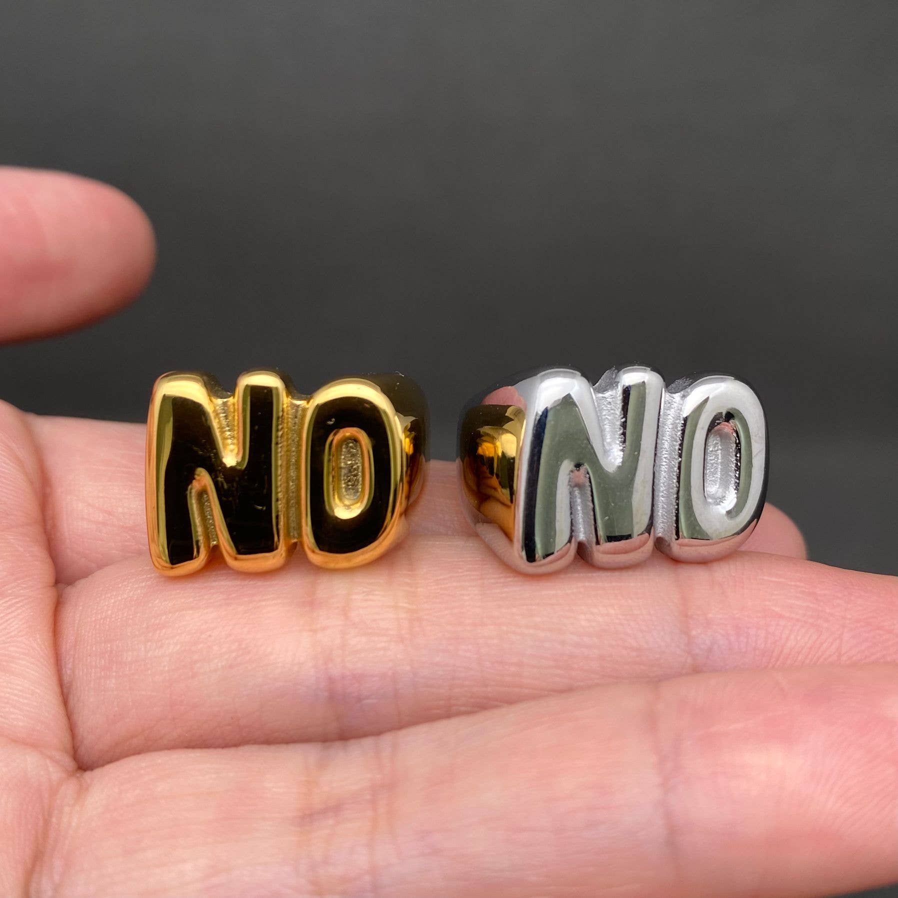 'NO' Glossy 18K Gold Plated Stainless Steel Ring - FGS: Steel color / 8