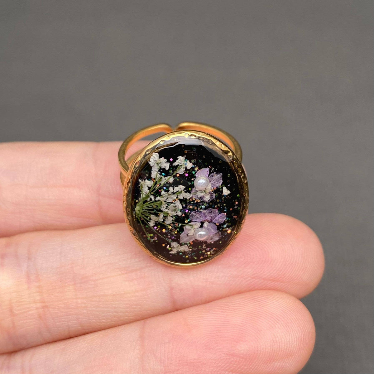 Dried Flowers Floral Oval 18K Golden SS Adjustable Ring -PDF: F