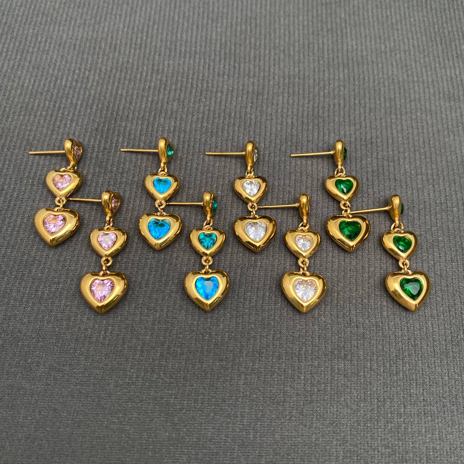 Zircon Inlaid Heart 18K Gold Plated S.Steel Earrings - FGS: Blue