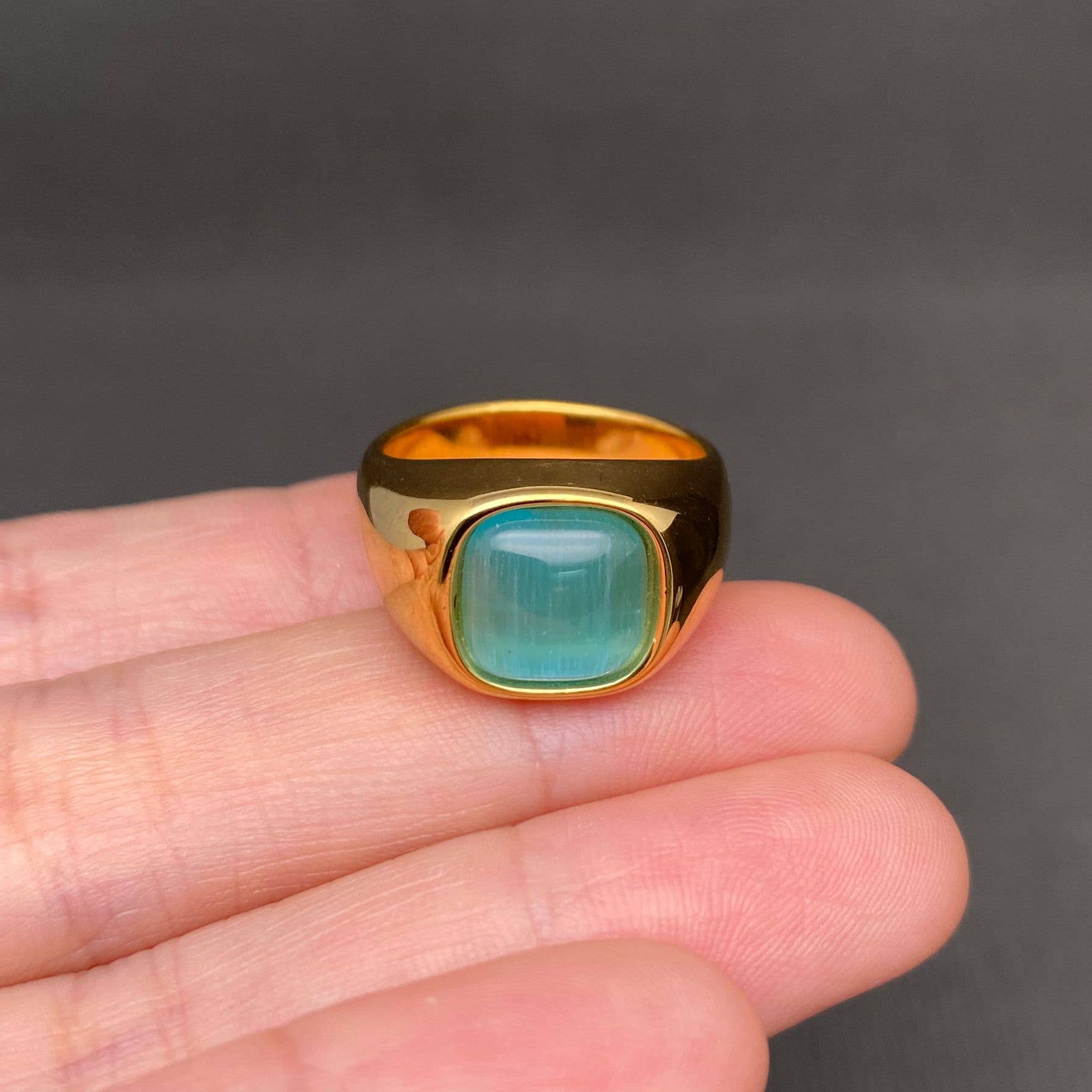 Cat's Eye Stone 18K Gold Plated Stainless Steel Ring - FGS: Green / 9
