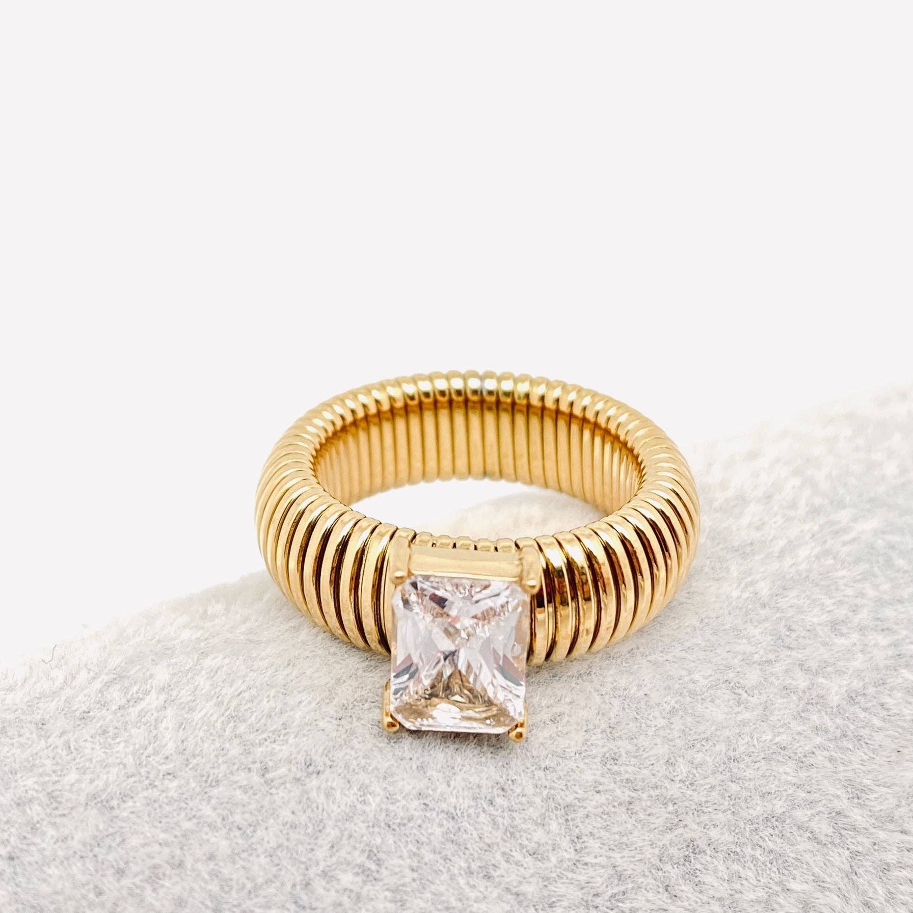 Zircon 18K Gold Plated Stainless Steel Striped Rings - FGS: Green / 8