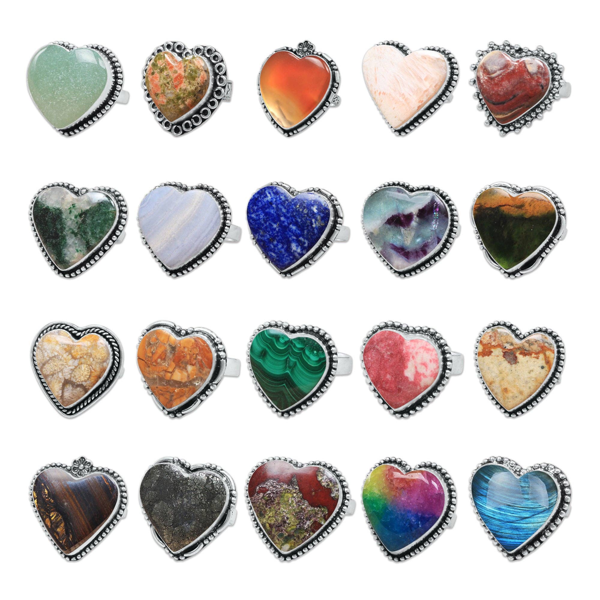 Heart Crystal Rings – Silver-Plated, Handmade, Assorted Natural Stones (US Sizes 6–10, Non-Adjustable) | Wholesale: Silver / 10 Rings