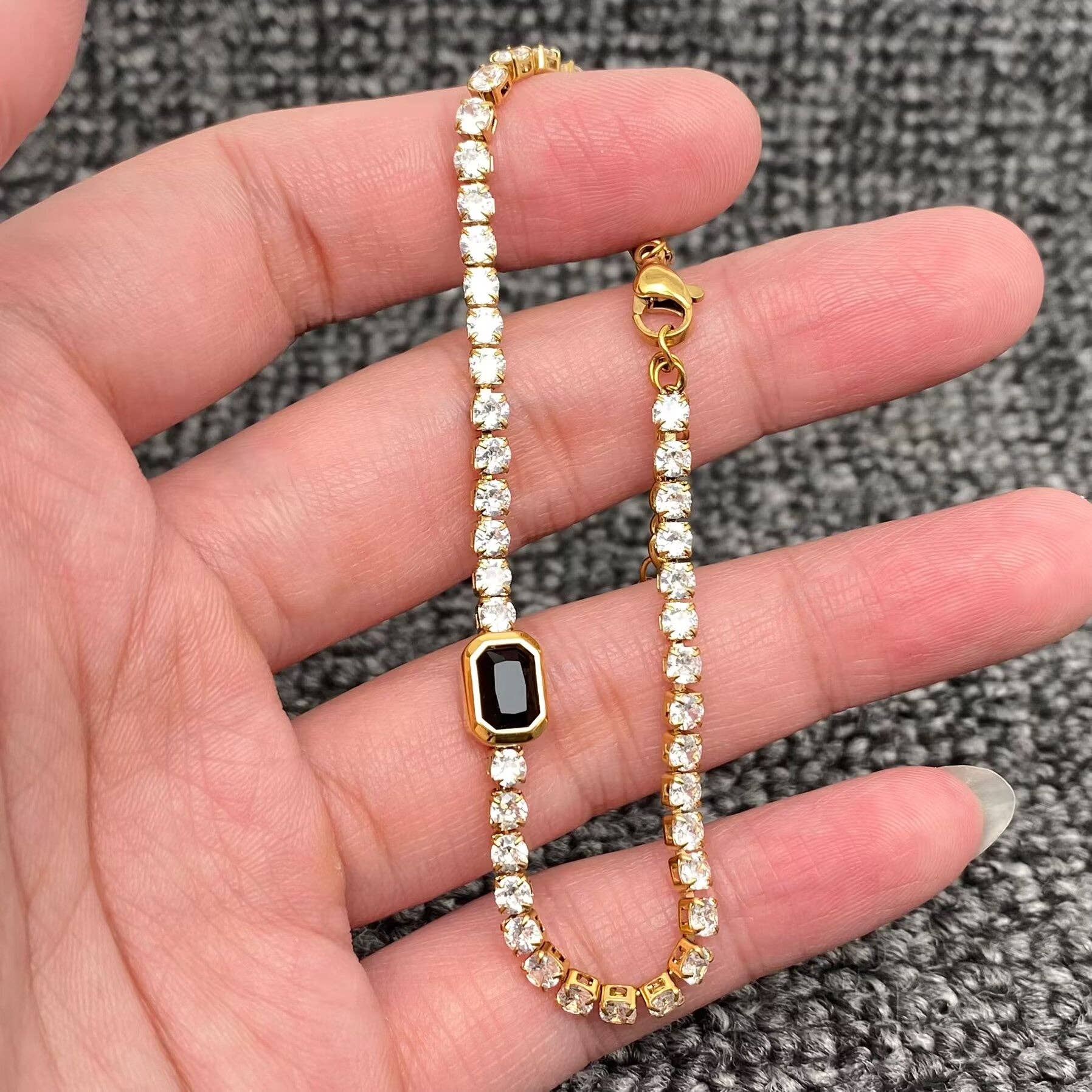 Full Zircon 3mm 18K Gold Plated Stainless Steel Bracelet-FGS: Pink