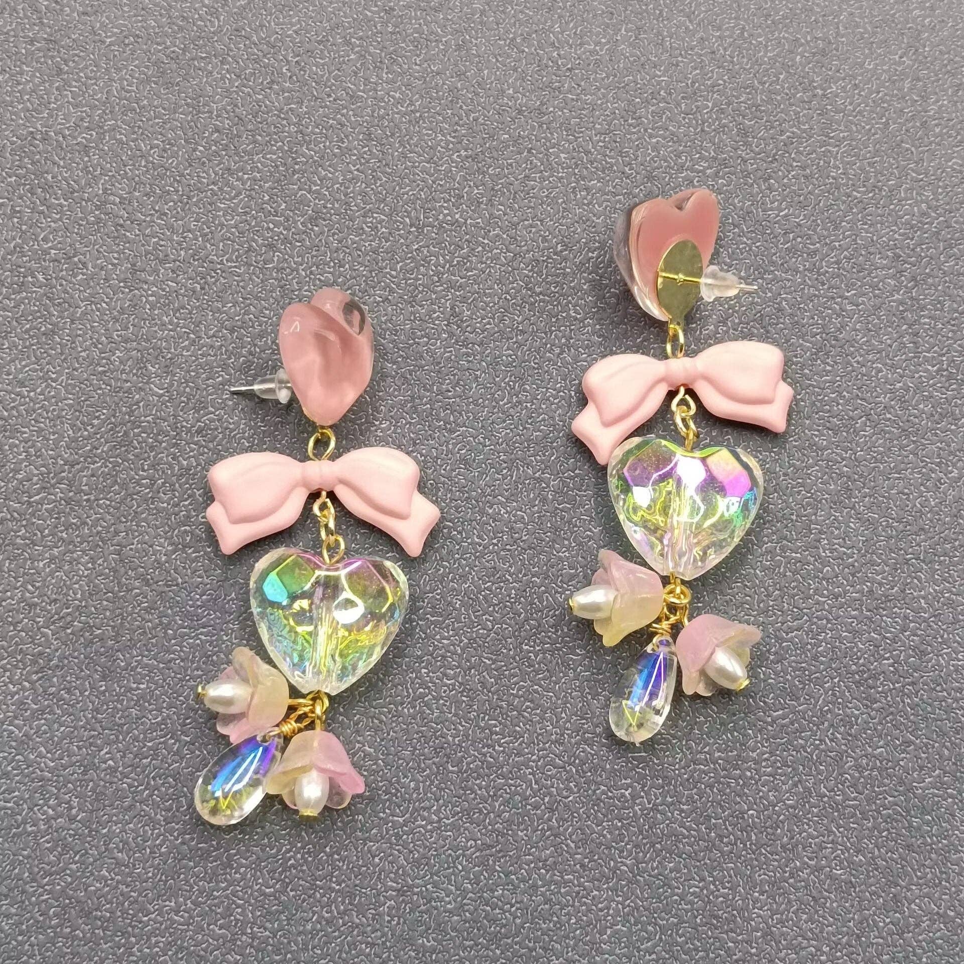 Flower & Heart & Bow Linked Dangle Earrings  - YK