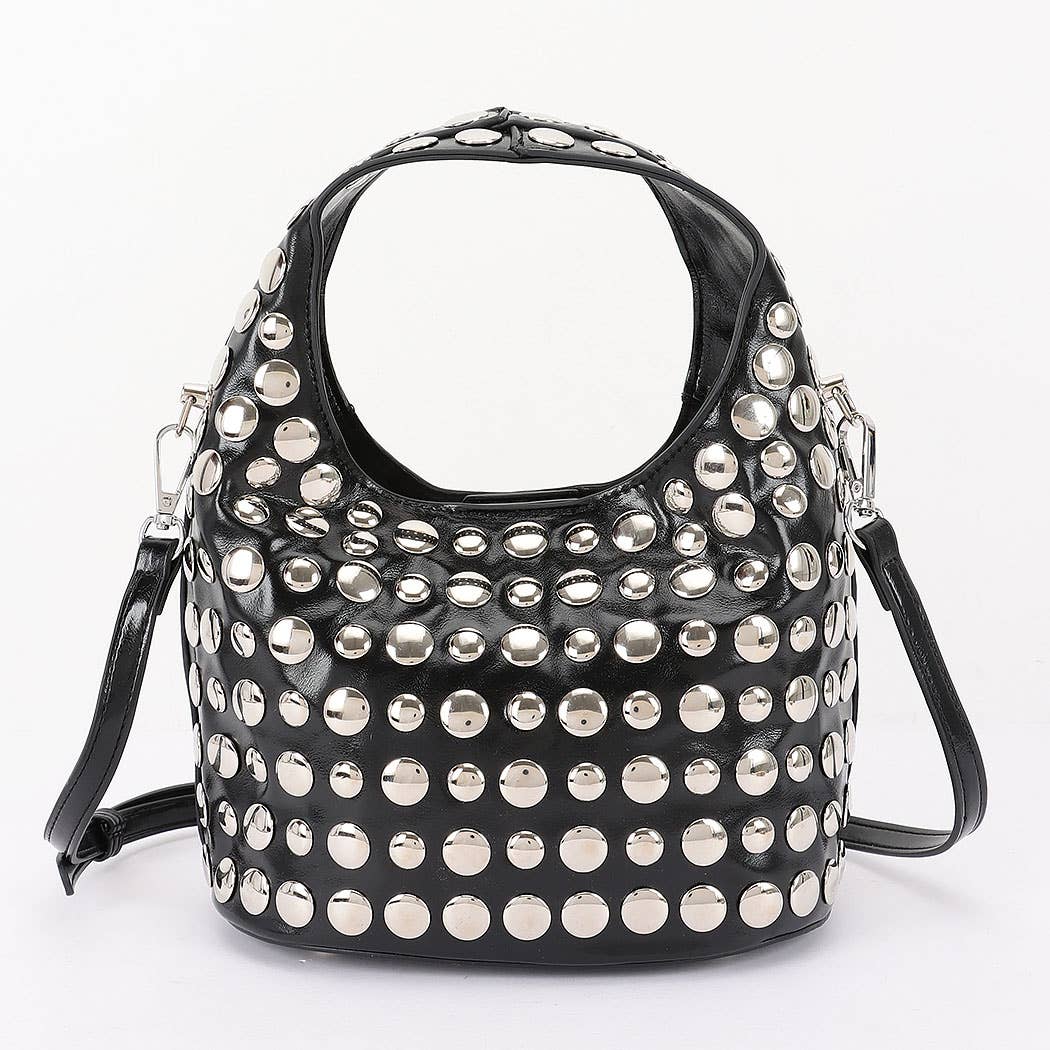 Vegan Leather Metal Studded Hobo Bag: BKSL