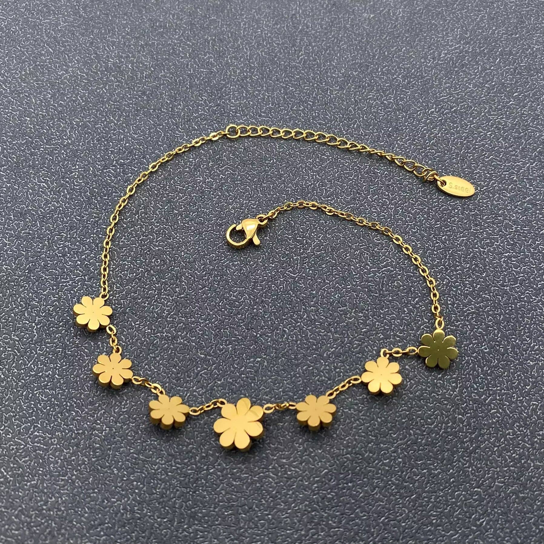 18K Gold Plated S.Steel Glossy Daisy Charm Anklet - FGS