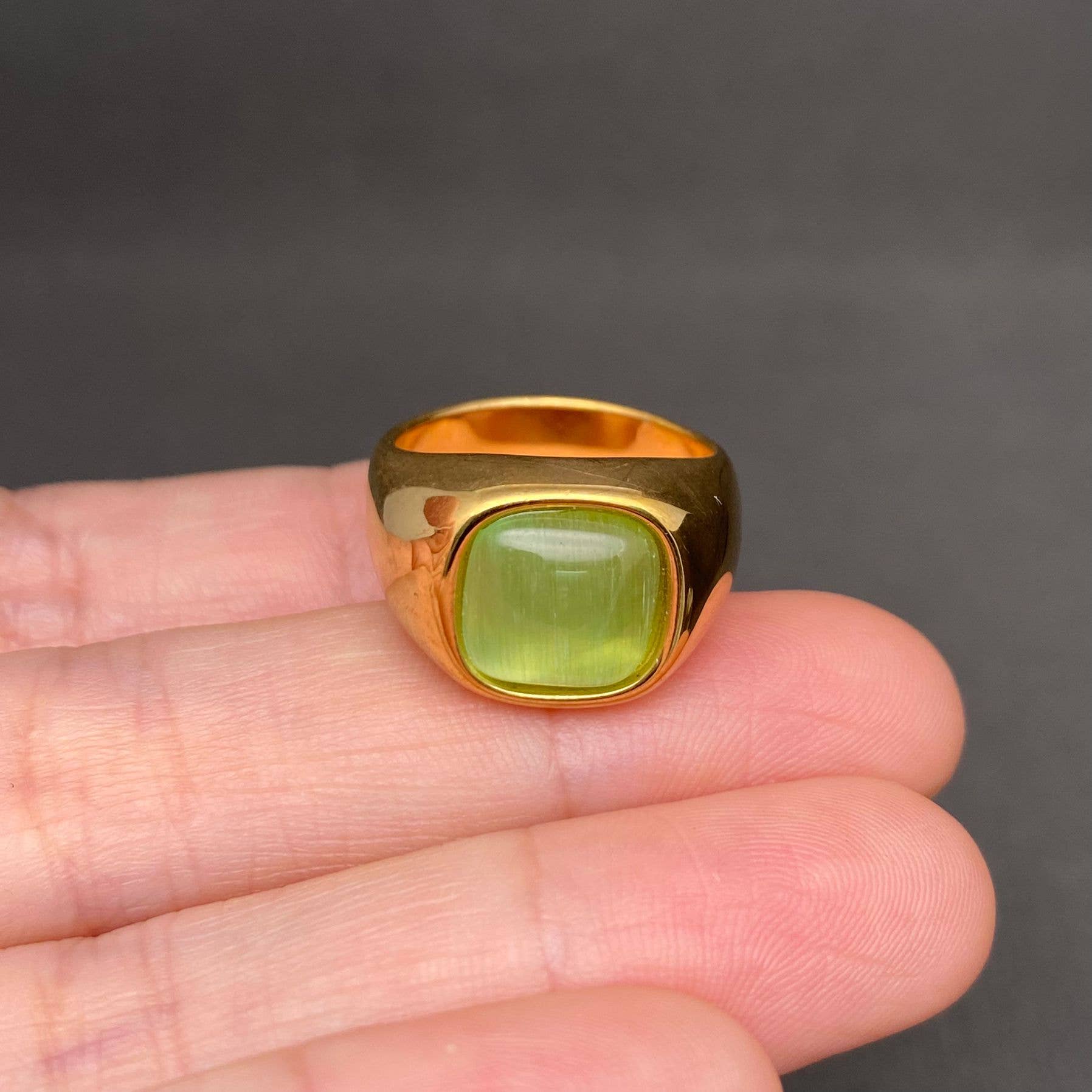 Cat's Eye Stone 18K Gold Plated Stainless Steel Ring - FGS: Green / 9