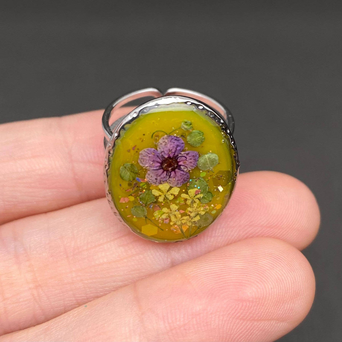 Dried Flowers Floral Oval 18K Golden SS Adjustable Ring -PDF: F