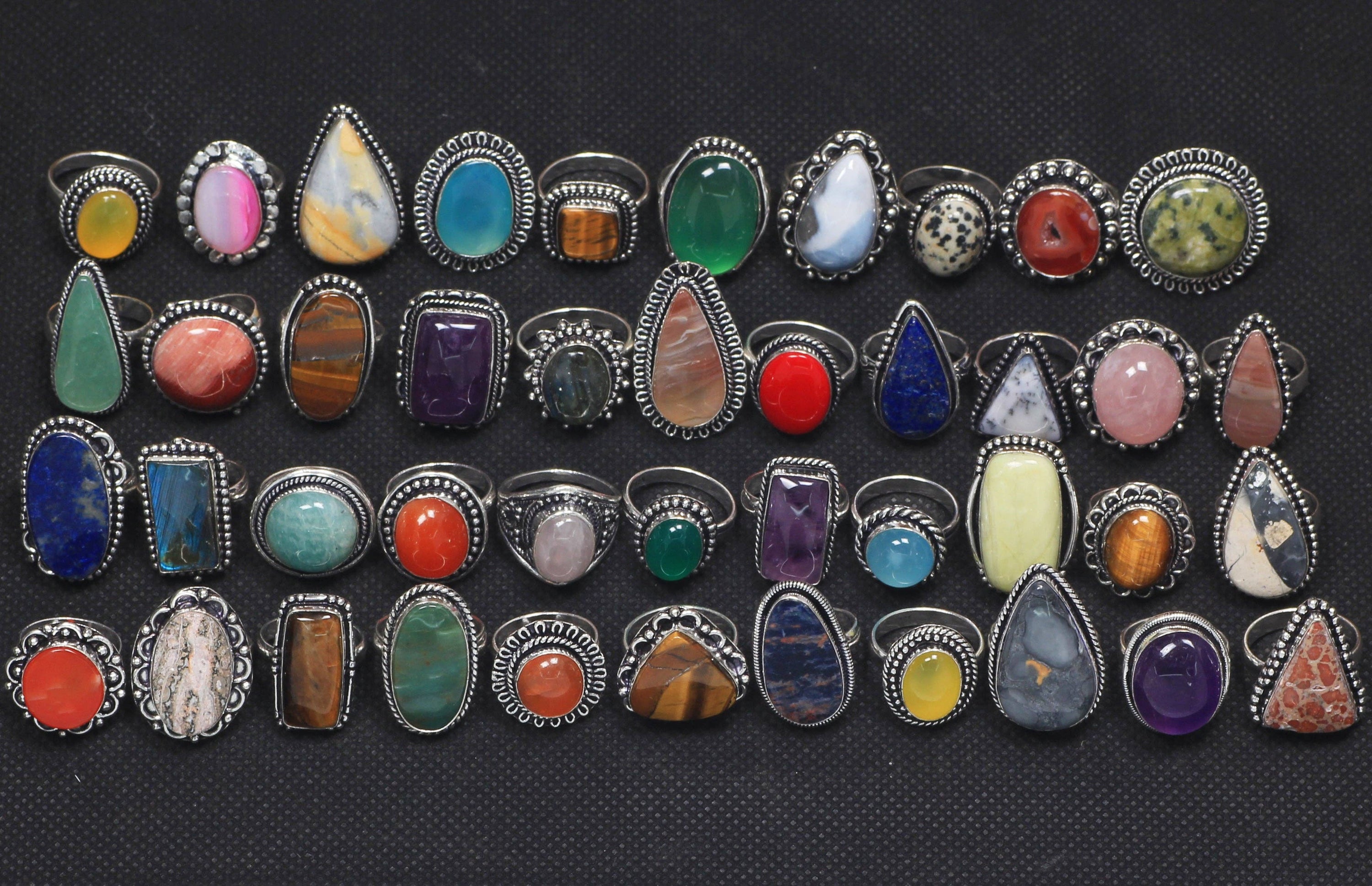 Bohemian Crystal Rings Set - Silver Plated, Mixed Sizes, Assorted Designs: Gold / 10 Rings