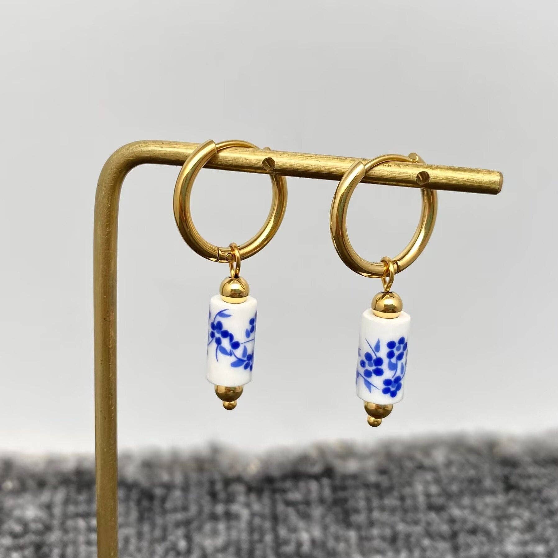 Blue and White Porcelain 18K Golden SS Huugie Earrings - FGS: A