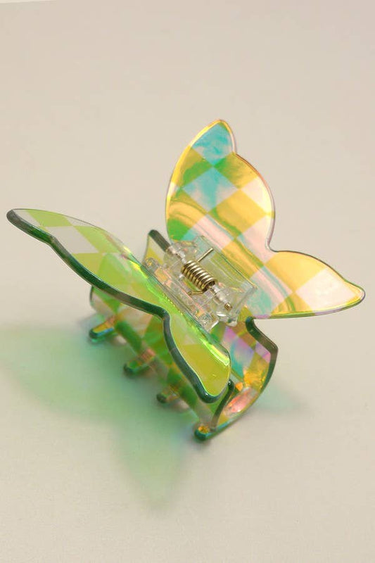 Wall To Wall Accessories - CHECKER BUTTERFLY HOLOGREAPHIC HAIR CLAW CLIPS | 40H776: LIME