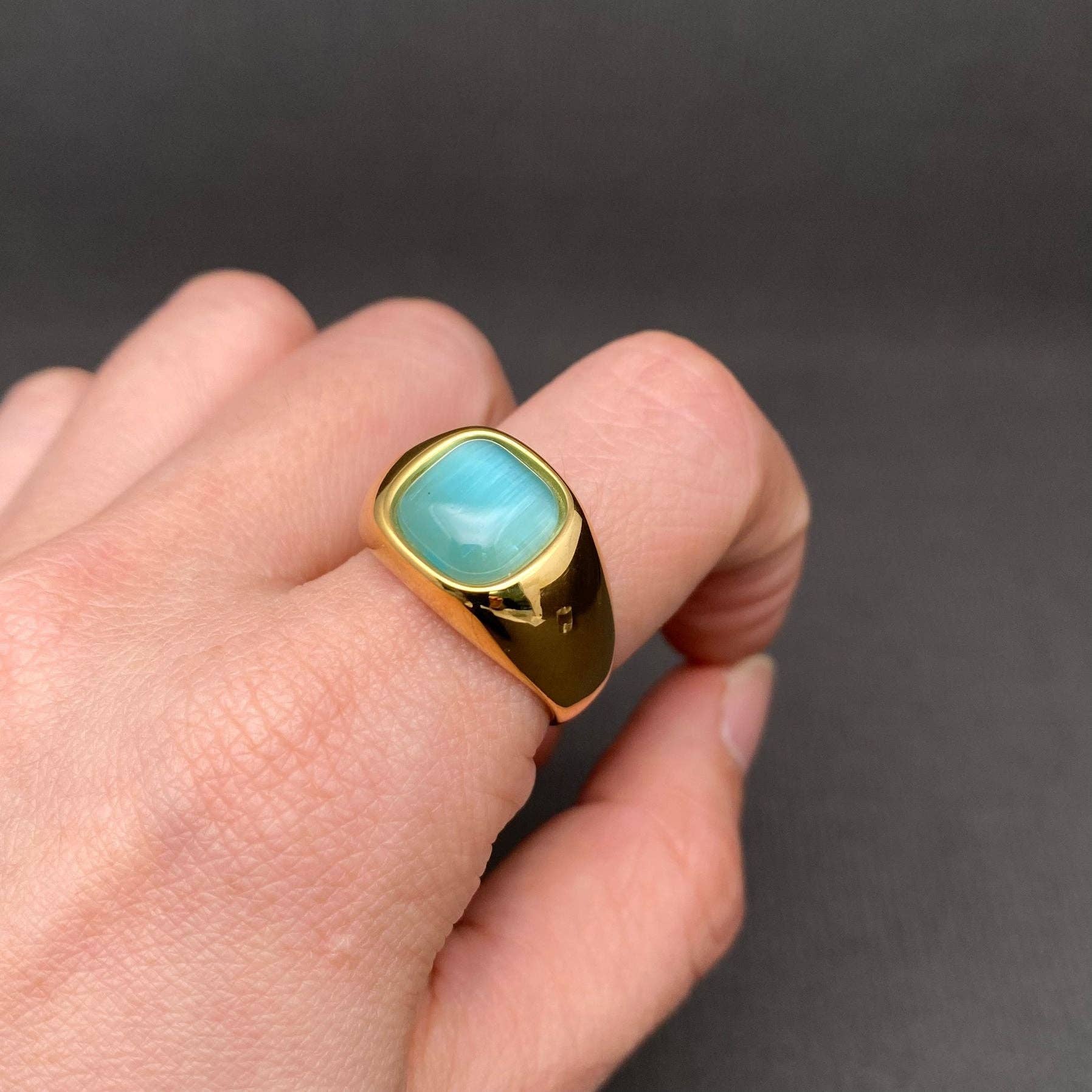Cat's Eye Stone 18K Gold Plated Stainless Steel Ring - FGS: Green / 10