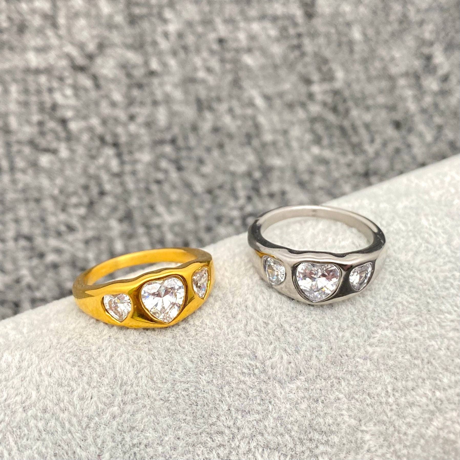 Triple Heart Zircon 18K Gold Plated Stainless Steel Ring-FGS: Steel color / 9