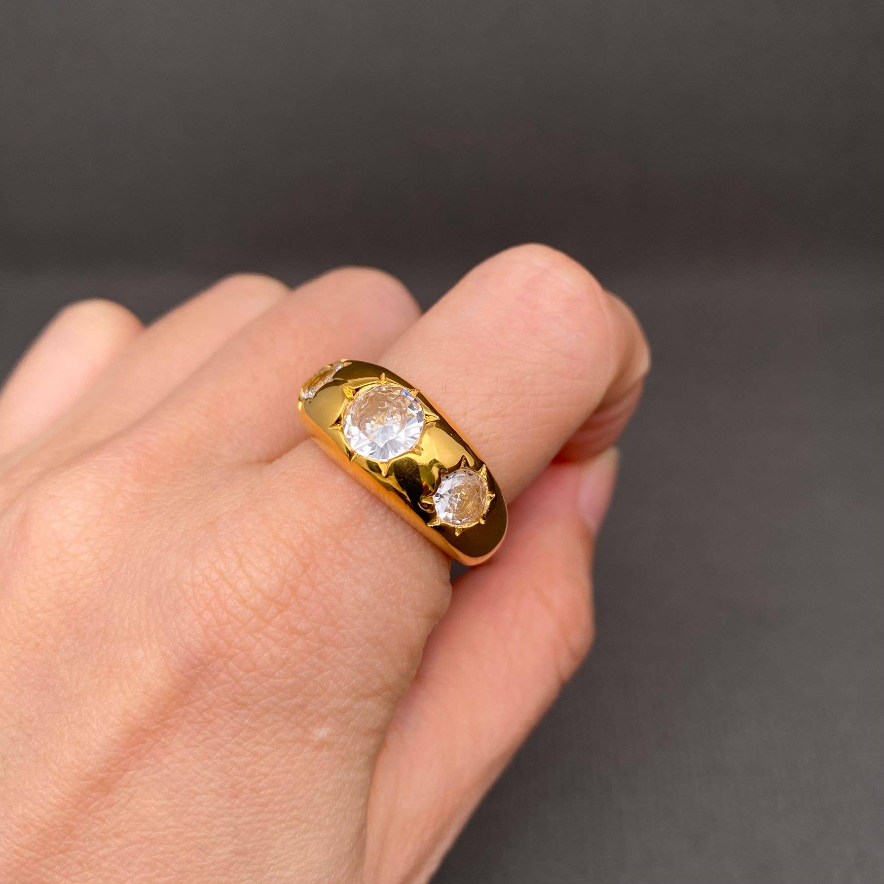 3 Zircons Inlaid 18K Gold Plated Stainless Steel Ring - FGS: Yellow / 8