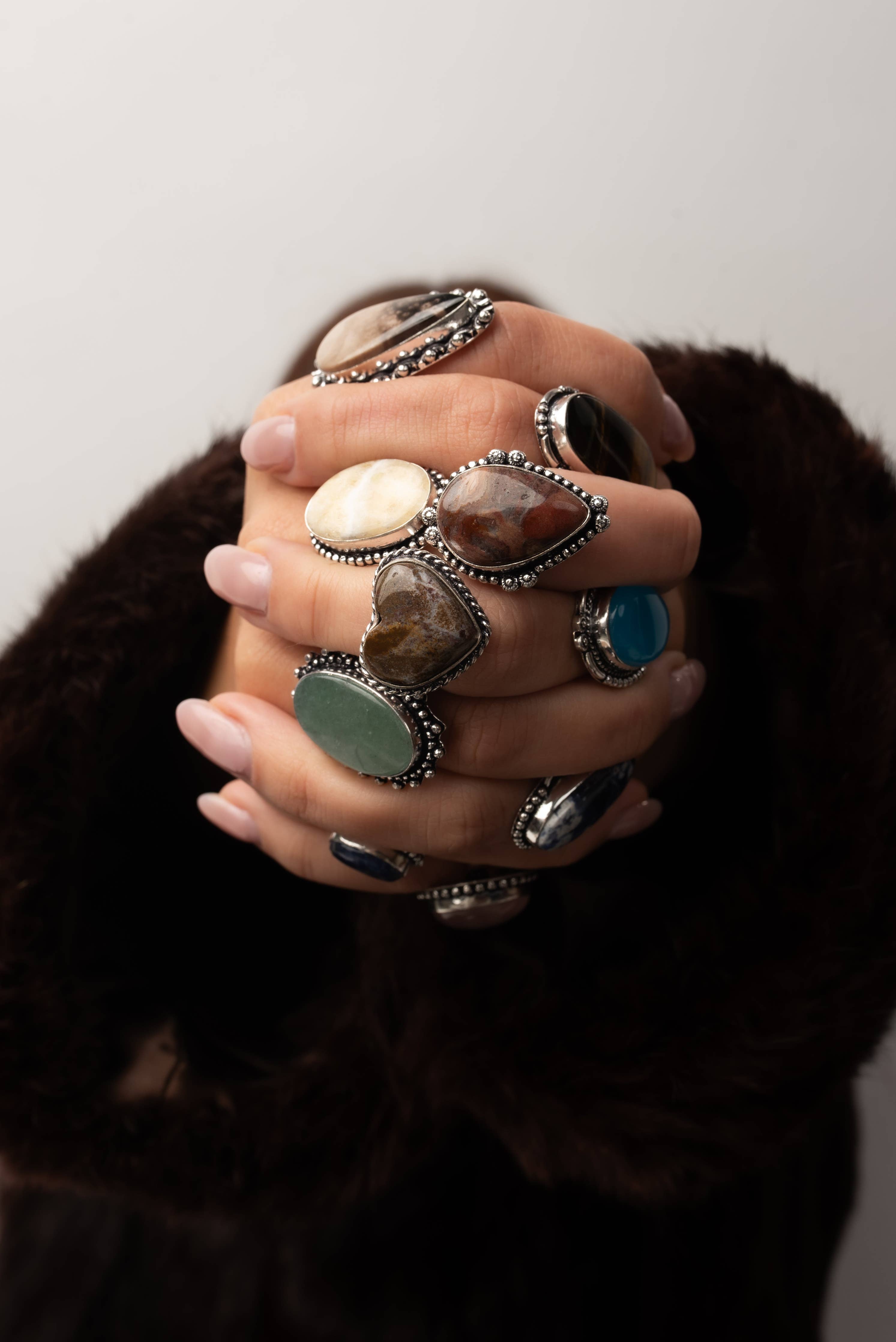 Bohemian Crystal Rings Set - Silver Plated, Mixed Sizes, Assorted Designs: Gold / 10 Rings