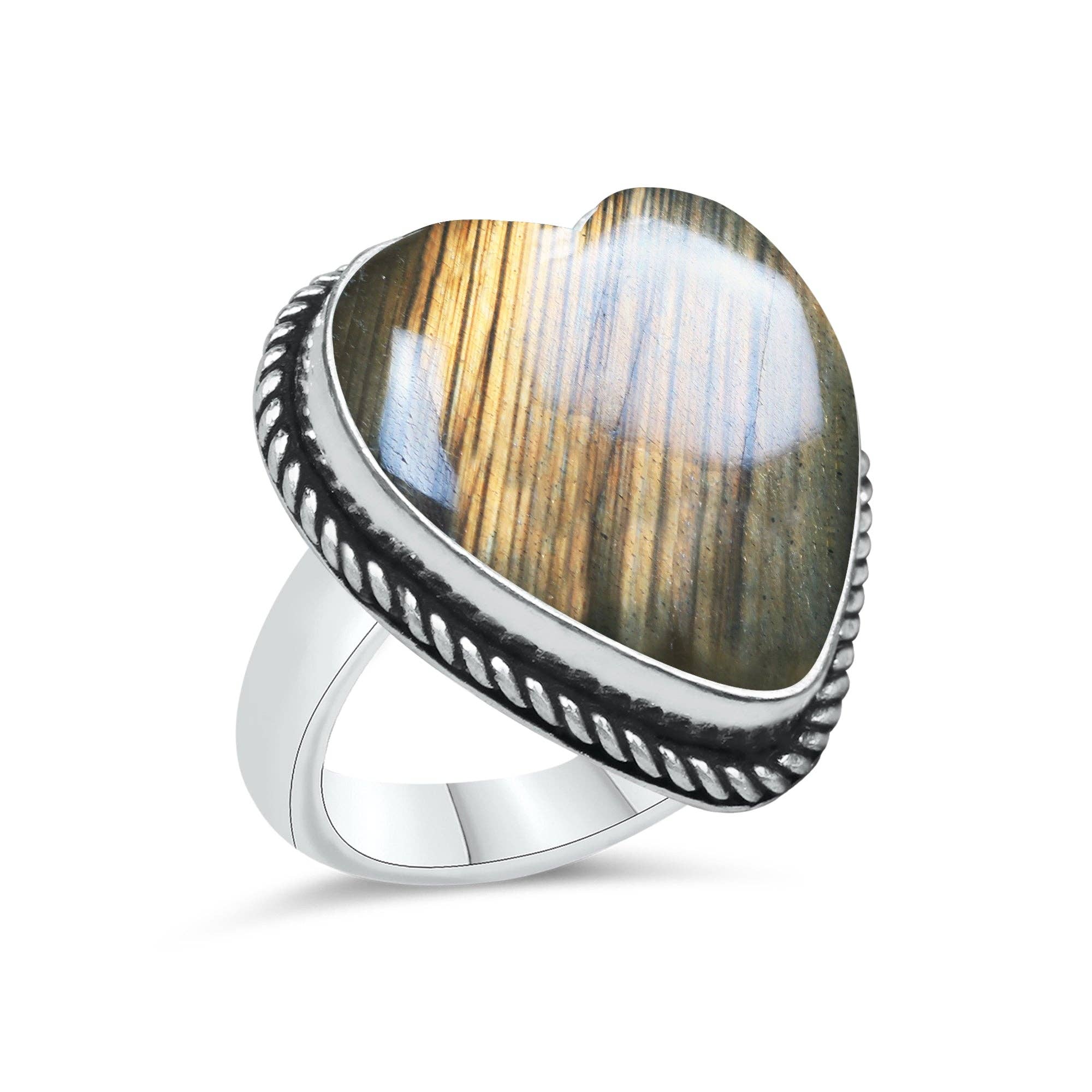 Labradorite Heart Rings – Silver-Plated, Handmade, Blue Flash (US Sizes 6–10, Non-Adjustable) | Wholesale: 10 Rings