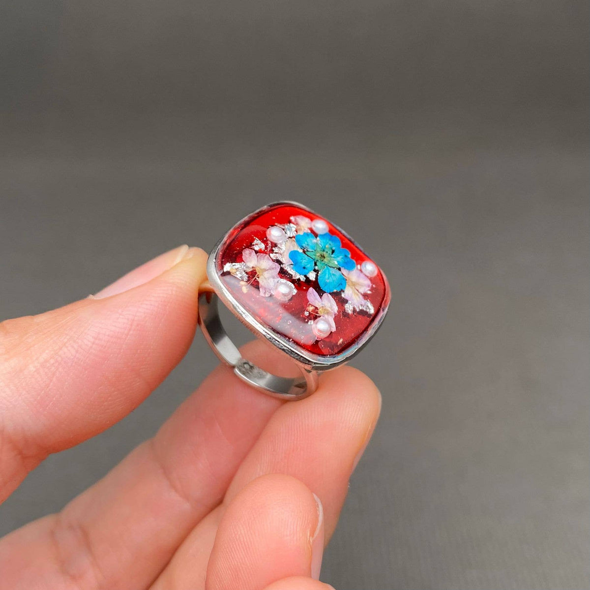 Multiple Styles Dried Flowers Stainless Steel Ring - PDF: Style E