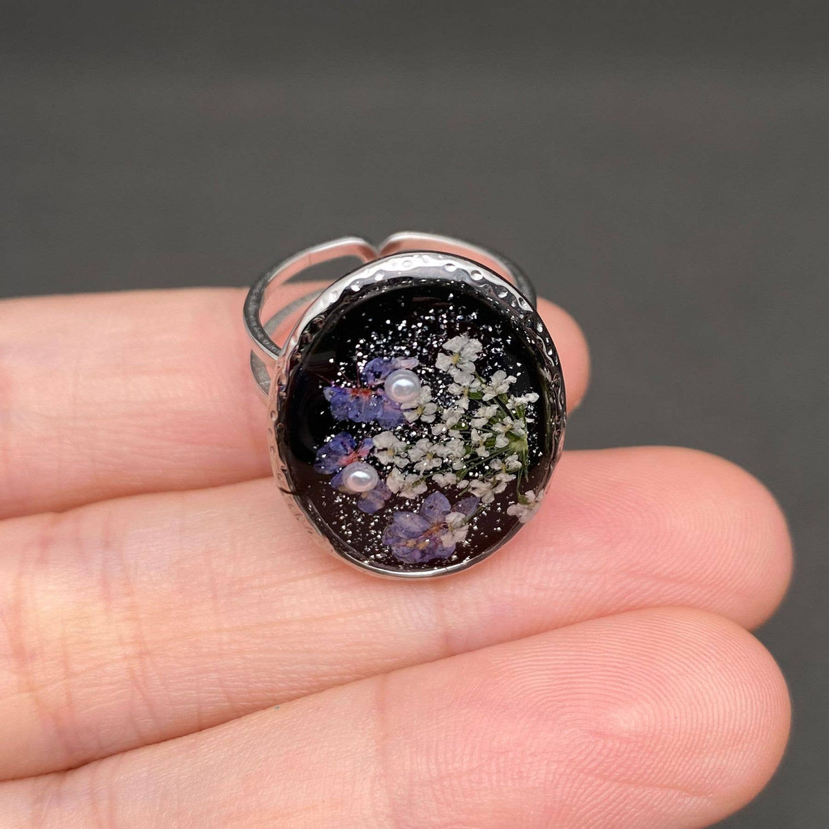 Dried Flowers Floral Oval 18K Golden SS Adjustable Ring -PDF: F