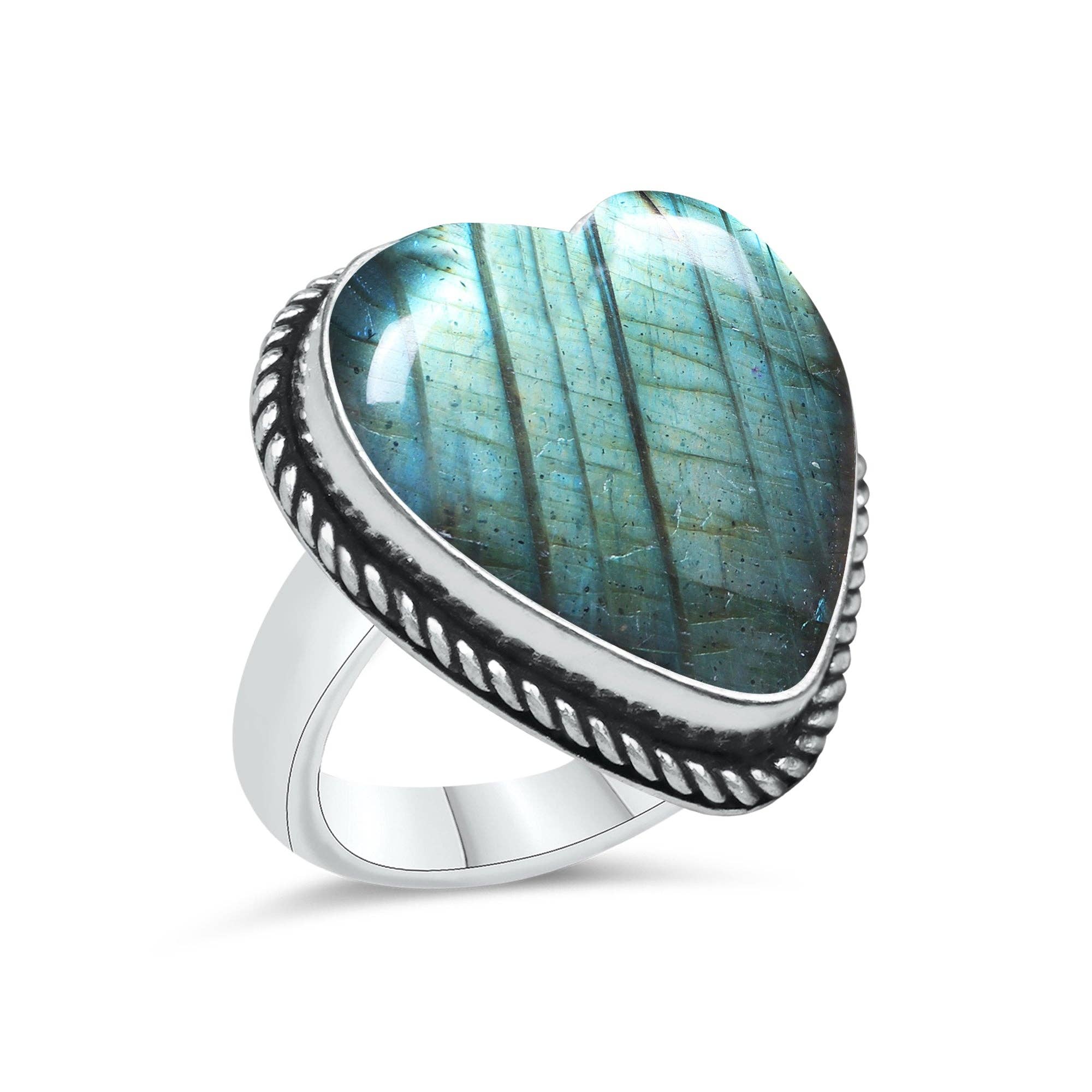 Labradorite Heart Rings – Silver-Plated, Handmade, Blue Flash (US Sizes 6–10, Non-Adjustable) | Wholesale: 10 Rings