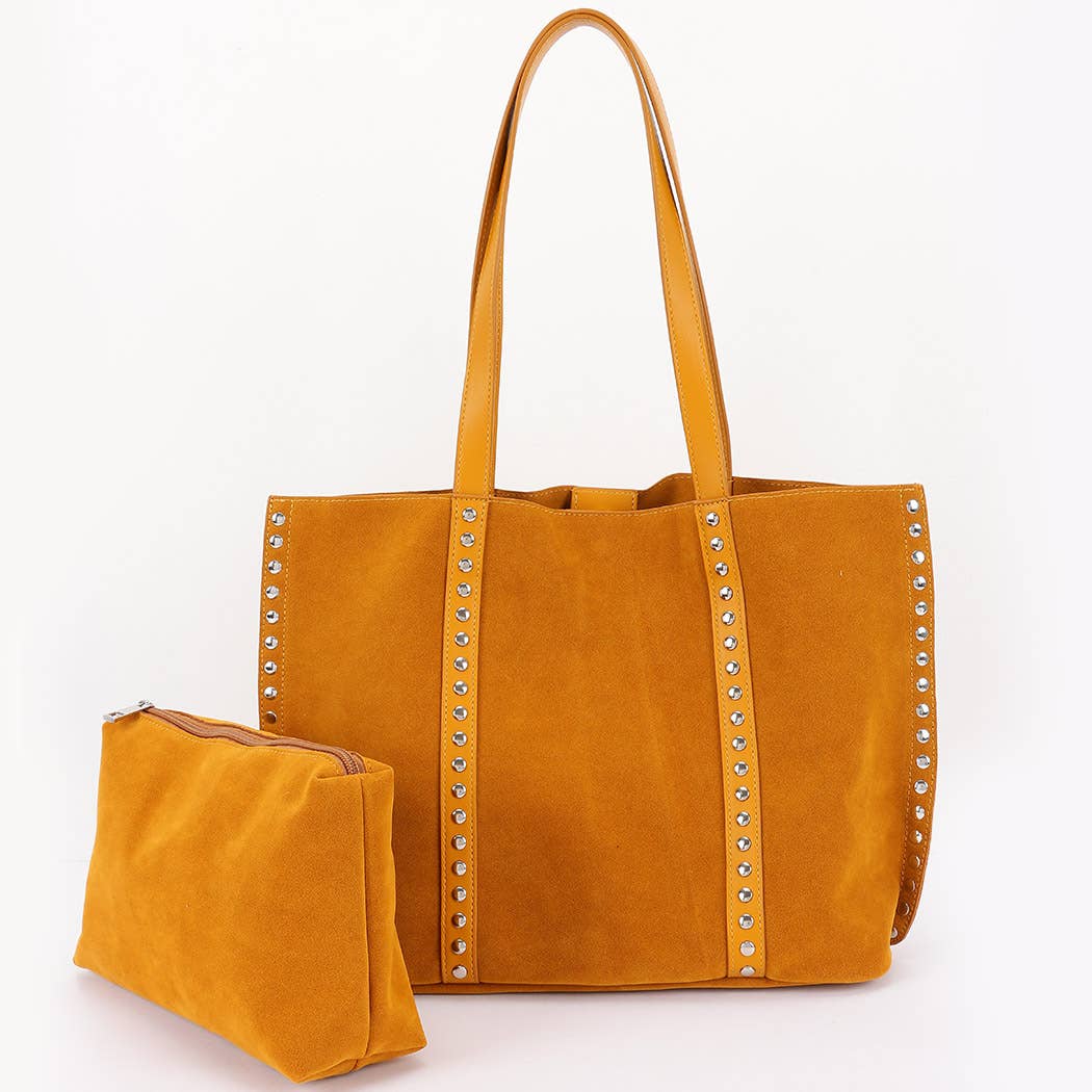 Faux Suede Burg Studded Tote Bag: BUR
