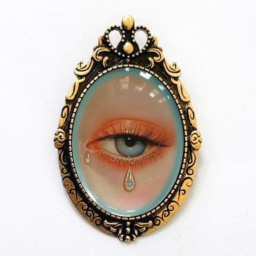 Lovers Eye Tears Painting Brooch Blue Vintage Art : Antiqued Gold