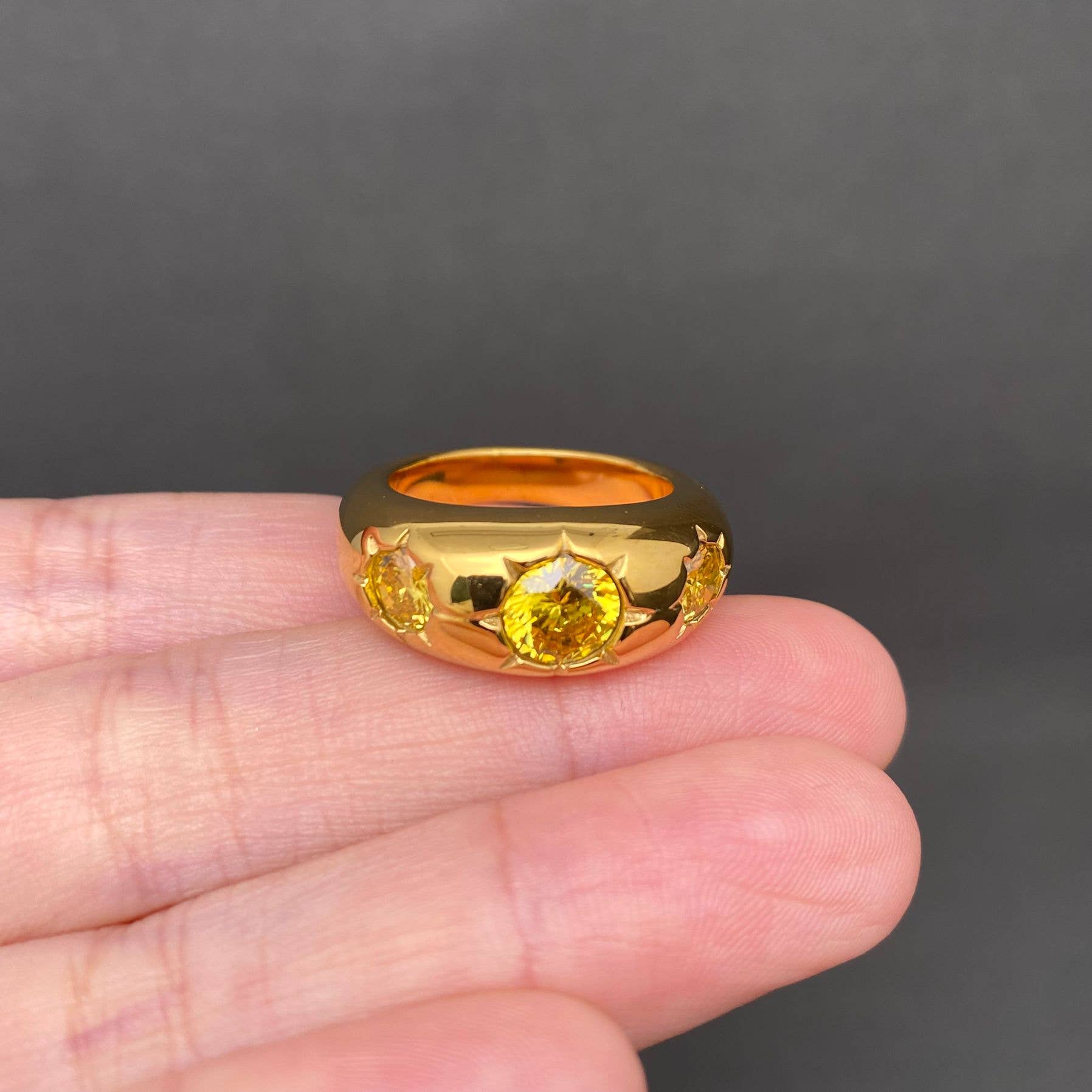 3 Zircons Inlaid 18K Gold Plated Stainless Steel Ring - FGS: Yellow / 8