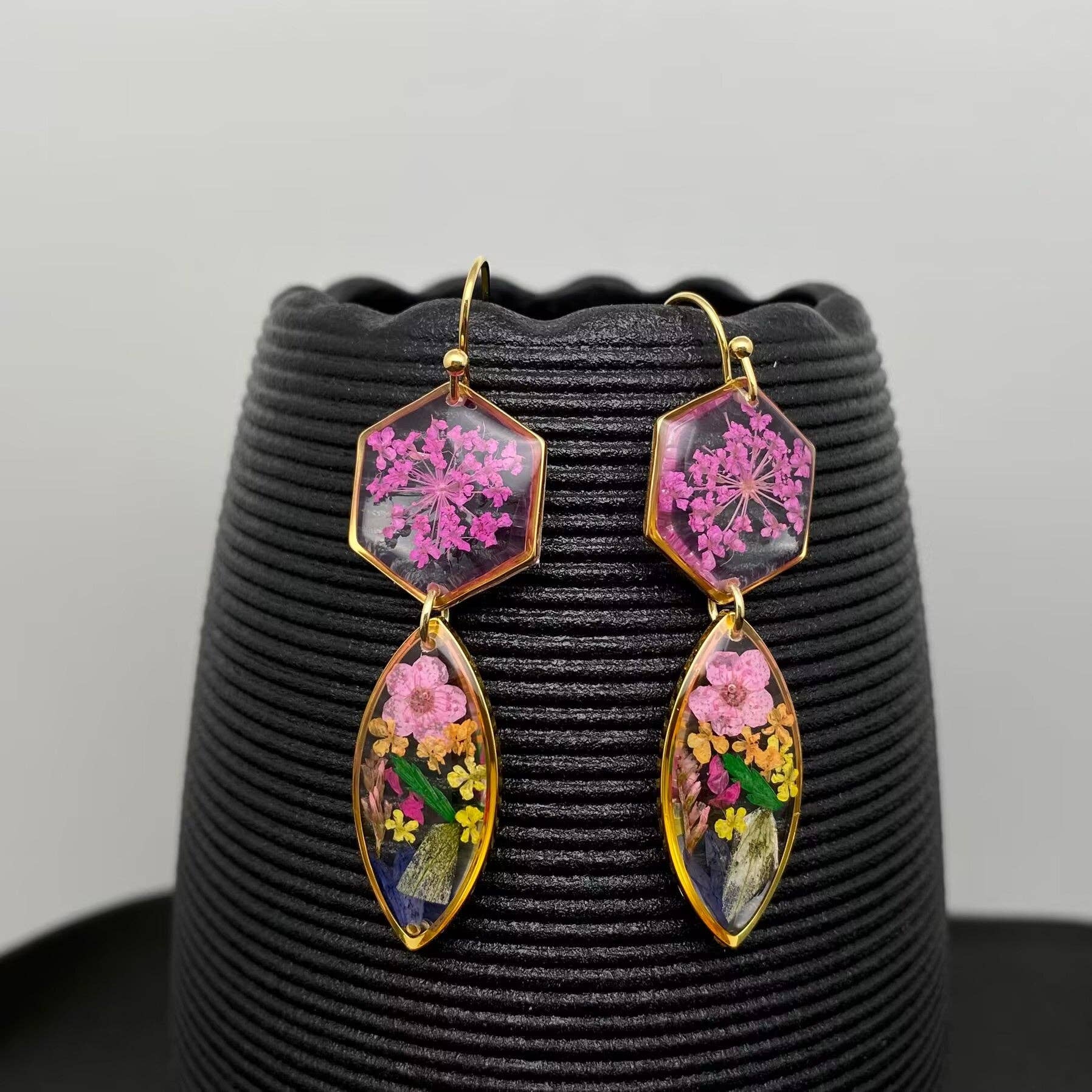 Dried Flowers Floral Geometric 18K Golden SS Earrings - PDF