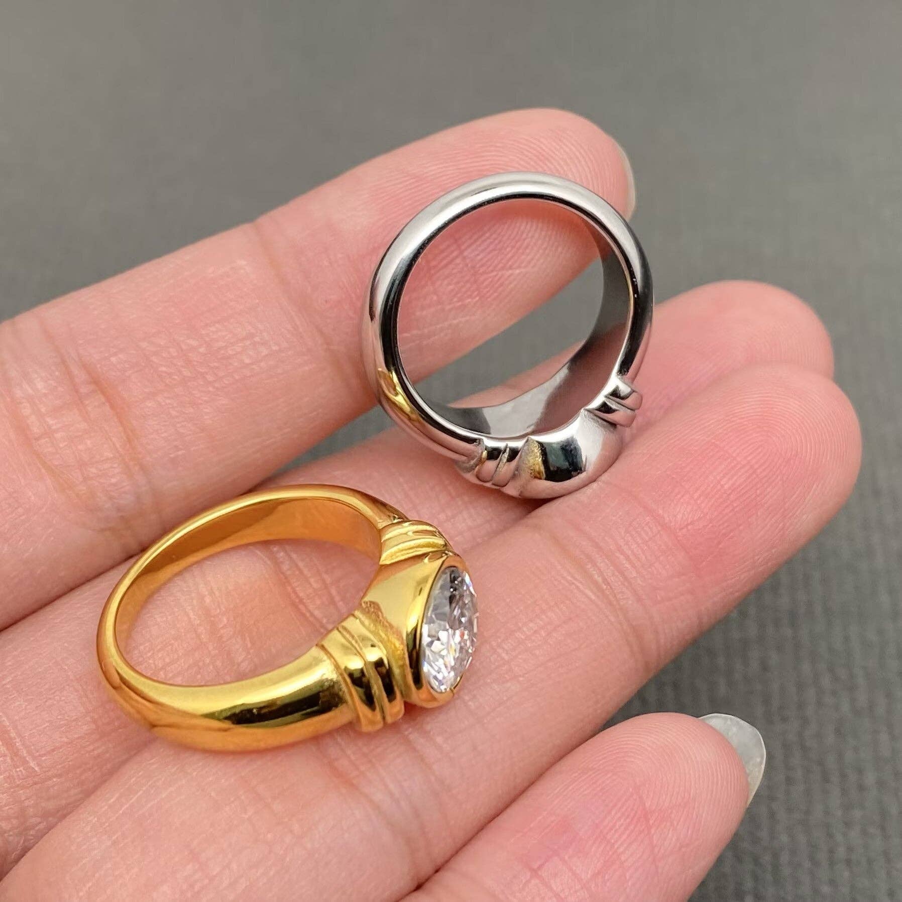 18K Gold Plated S.Steel Sparkling Zircon Inlaid Ring - FGS: Steel color / 8