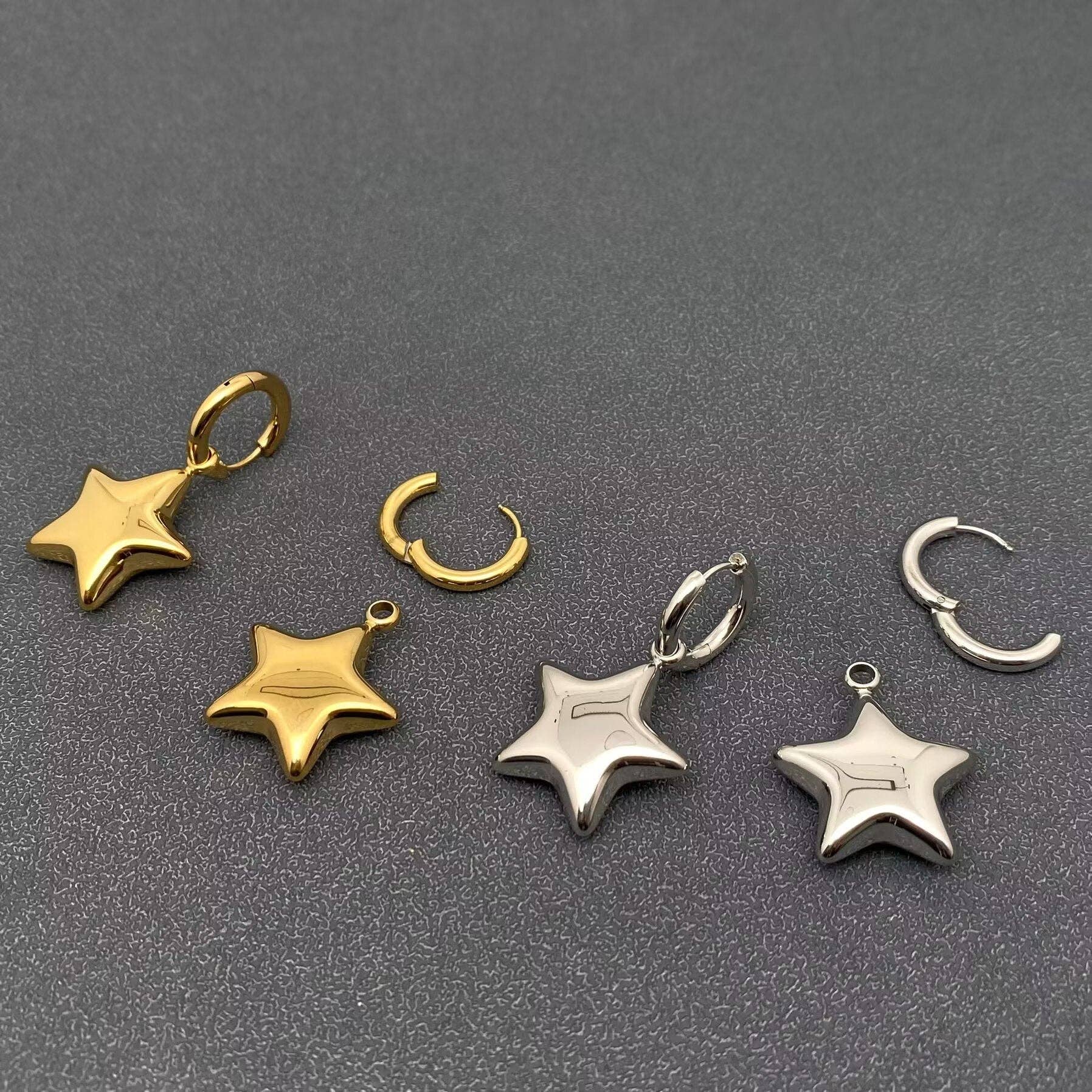 18K Gold Plated SS Glossy Star Charm Huggie Earrings -FGS/MS: Steel color