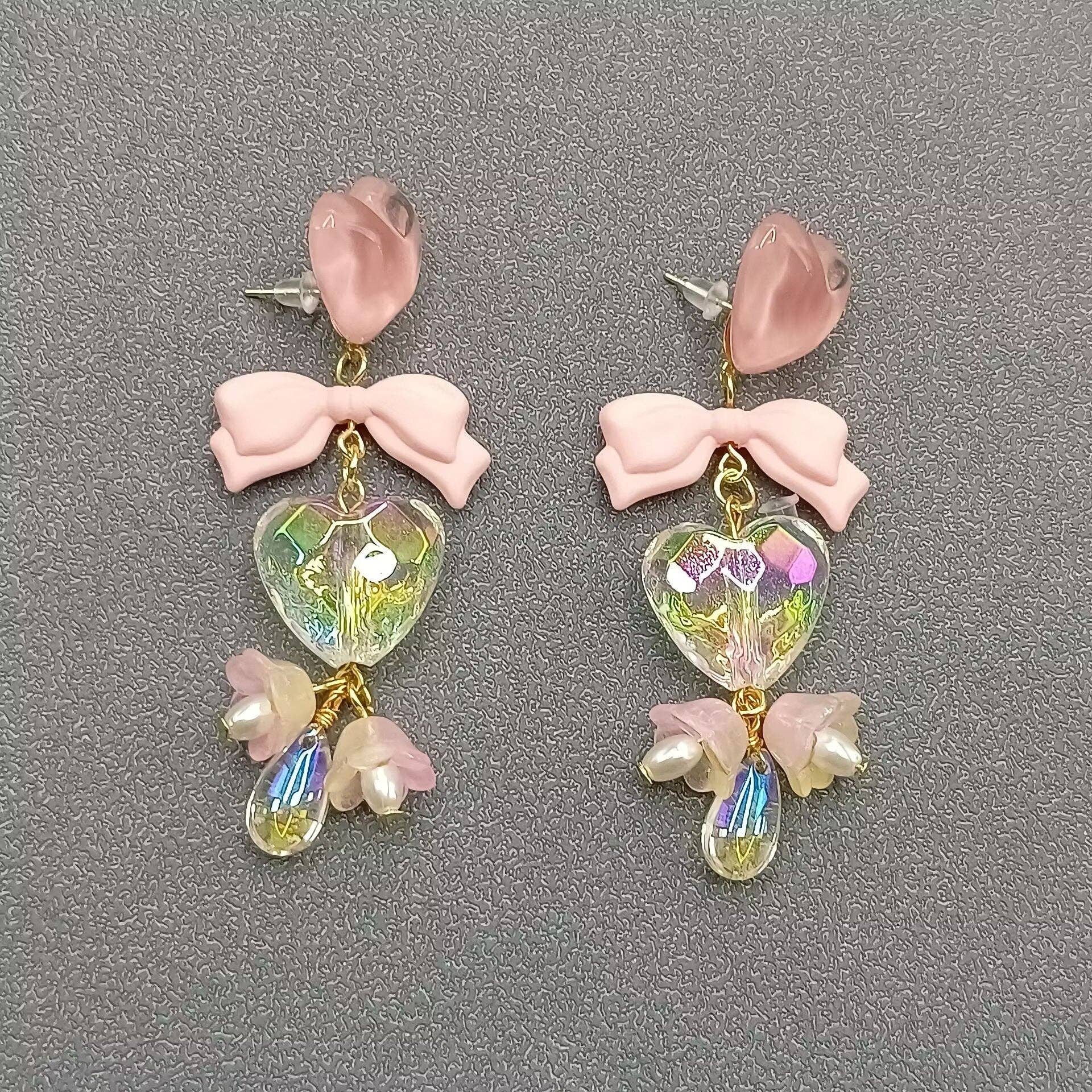 Flower & Heart & Bow Linked Dangle Earrings  - YK
