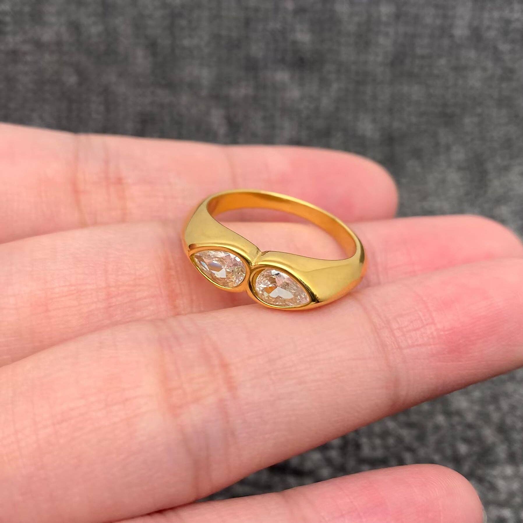 Double Teardrop Zircon 18K Gold Plated S.Steel Ring - FGS: 8