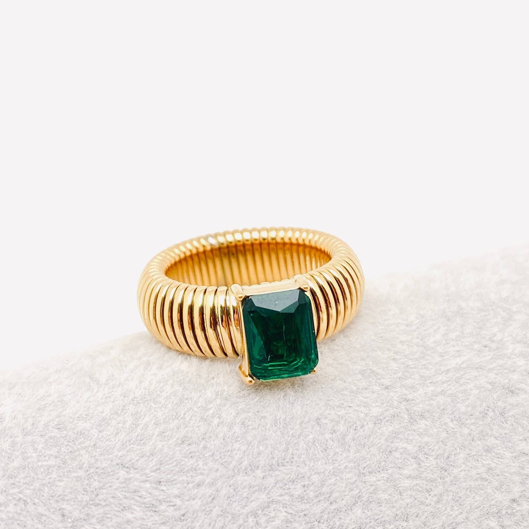 Zircon 18K Gold Plated Stainless Steel Striped Rings - FGS: Green / 8