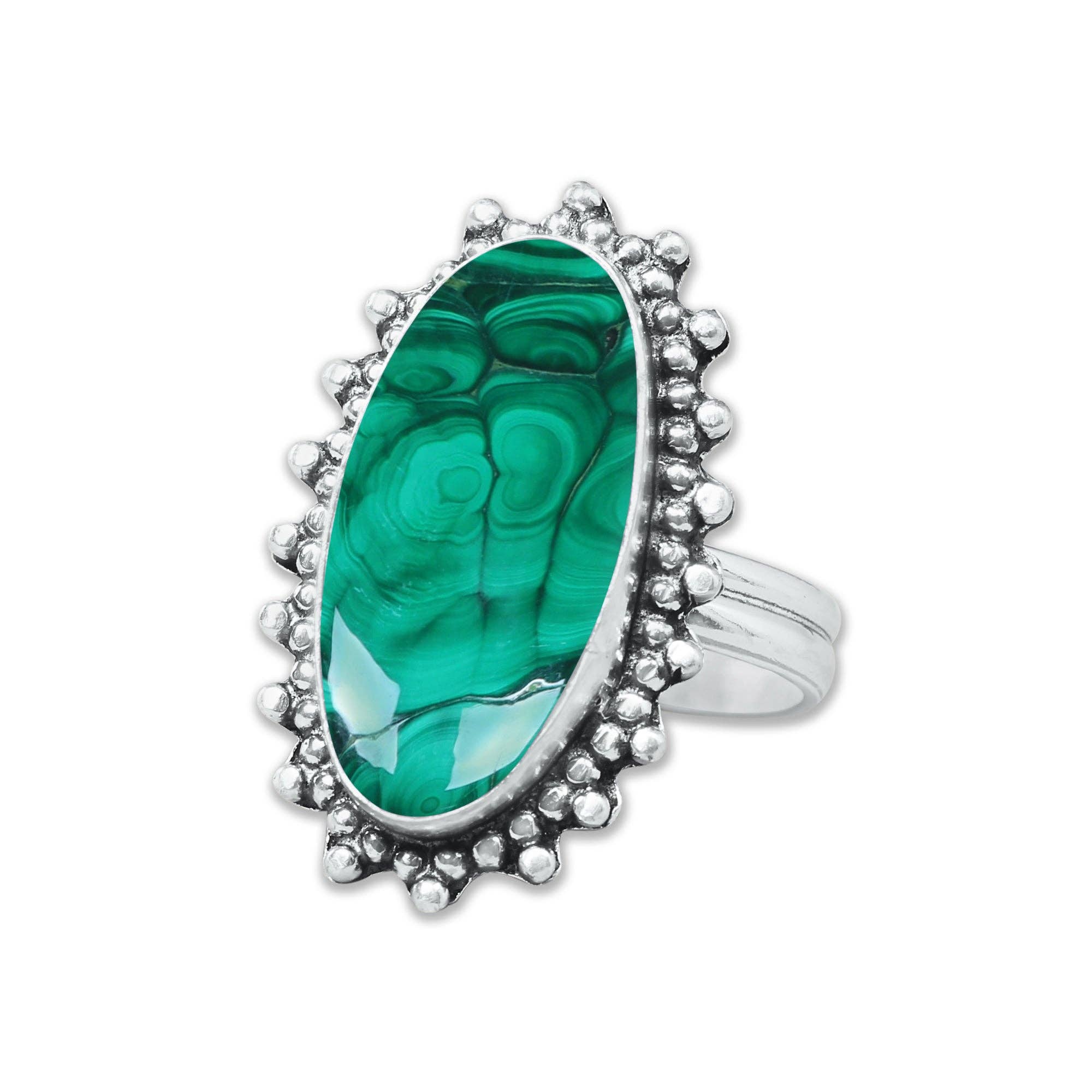 Malachite Rings – Silver-Plated, Handmade, Bold Green (US Sizes 6–10, Non-Adjustable) | Wholesale: 5 Rings