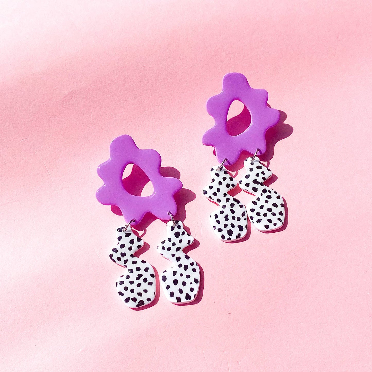 Polymer Clay Abstract Flower Dangle Earrings in Lilac
