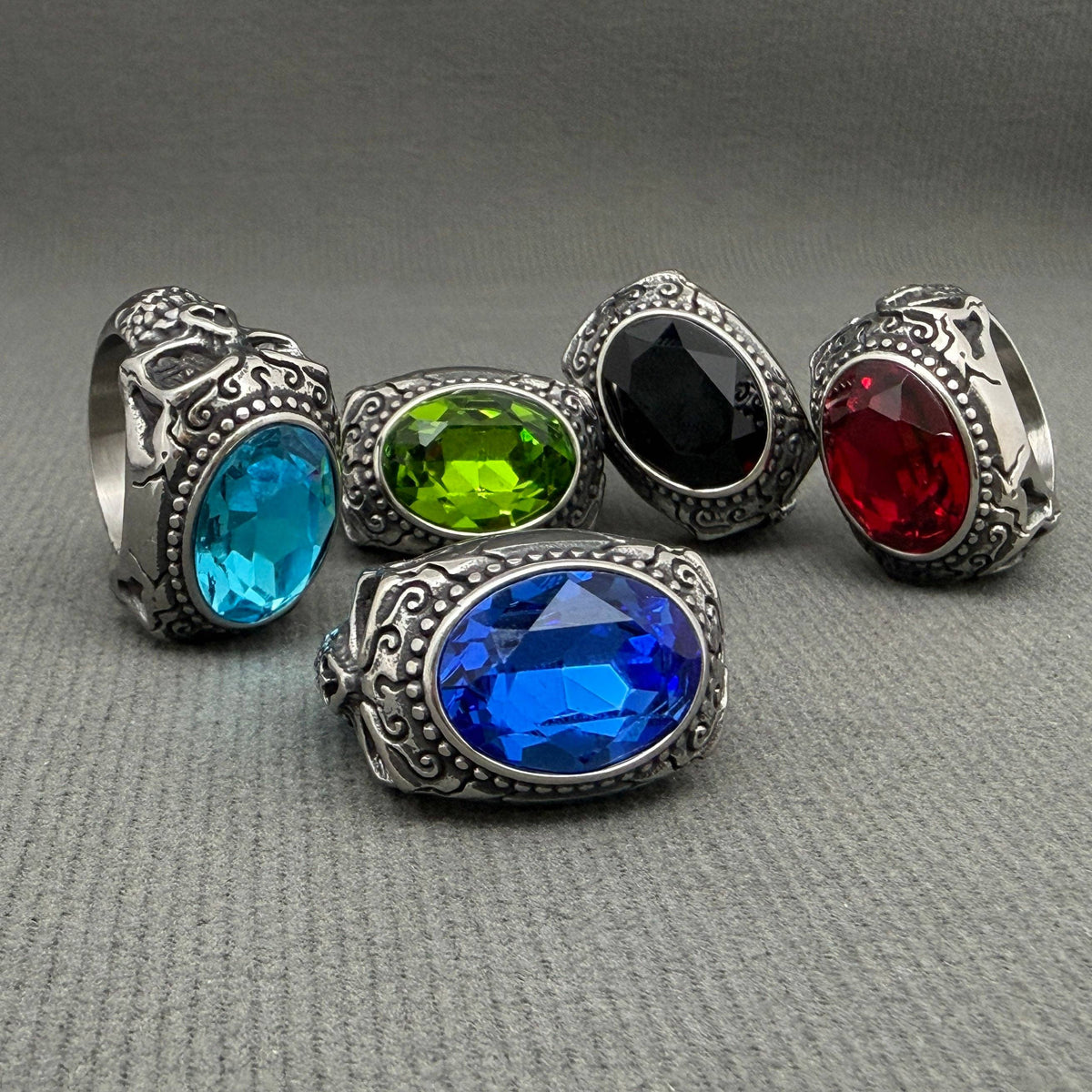 Oval Zircon Inlaid Skull Men's Stainless Steel Ring - MJ/MR: Green / 11