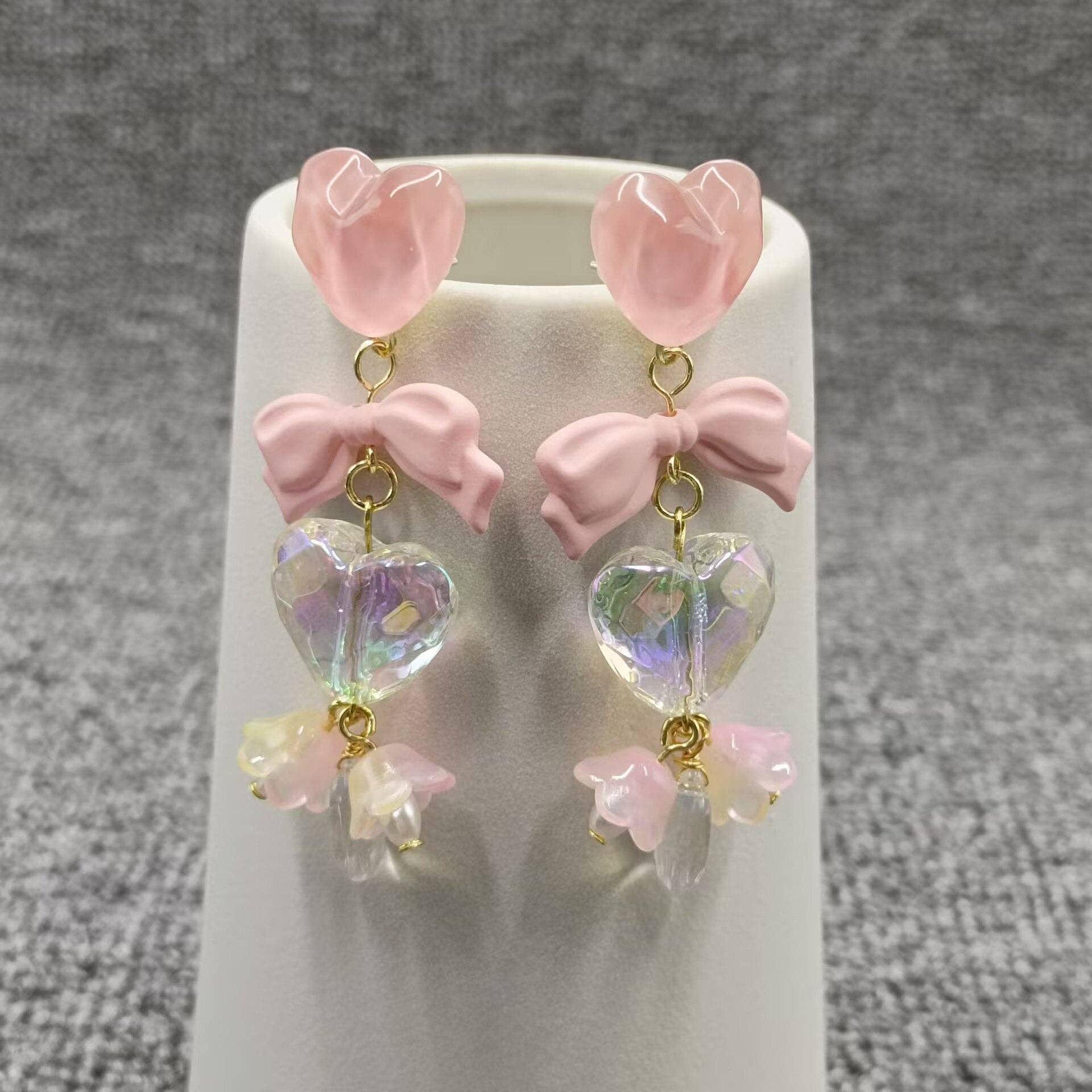 Flower & Heart & Bow Linked Dangle Earrings  - YK